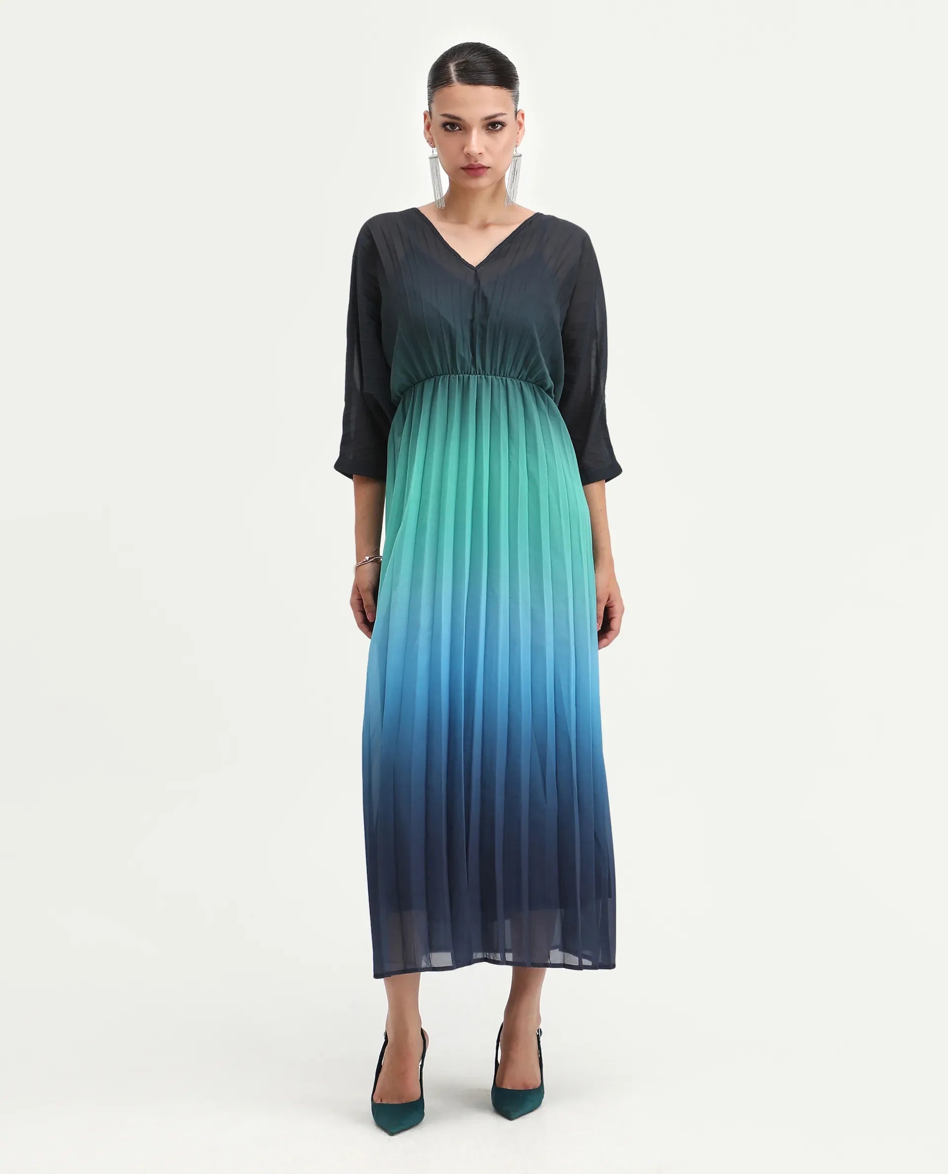 Rareism Women's Janambi Dark Blue Cotton V-Neck Ombre Kimono Sleeve Maxi Flared Dress