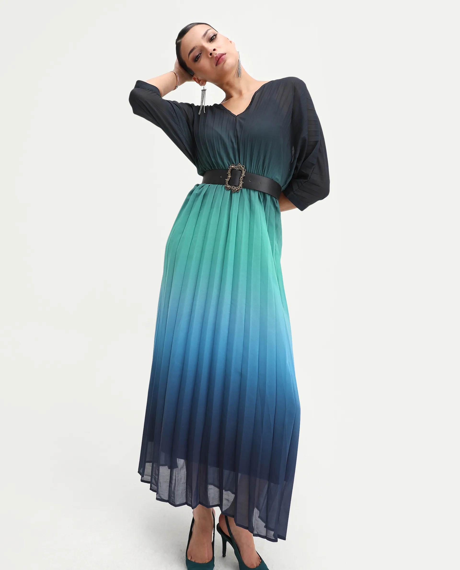 Rareism Women's Janambi Dark Blue Cotton V-Neck Ombre Kimono Sleeve Maxi Flared Dress