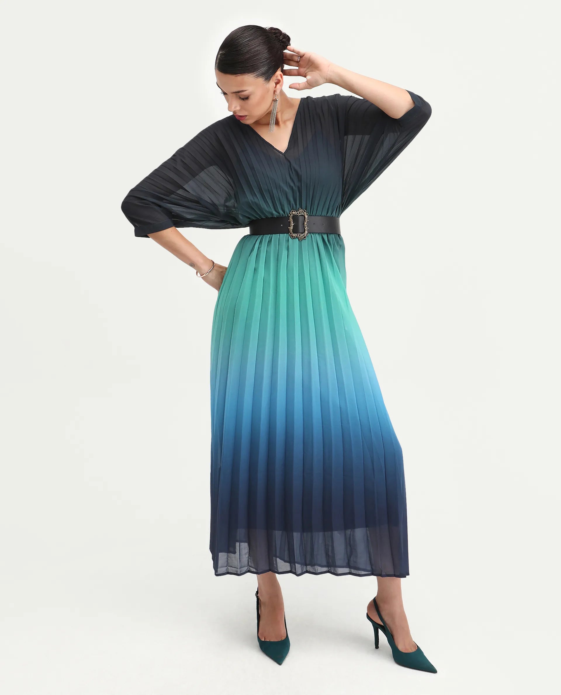 Rareism Women's Janambi Dark Blue Polyester V-Neck Ombre Kimono Sleeve Maxi Flared Dress