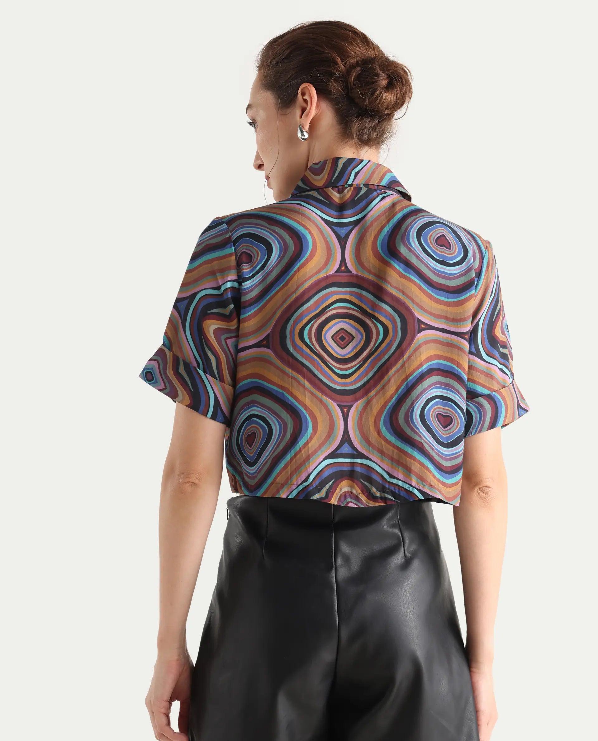 Rareism Women's Janber Dark Multi Cotton Spread Collar Abstract Print Crop Regular Fit Shirt