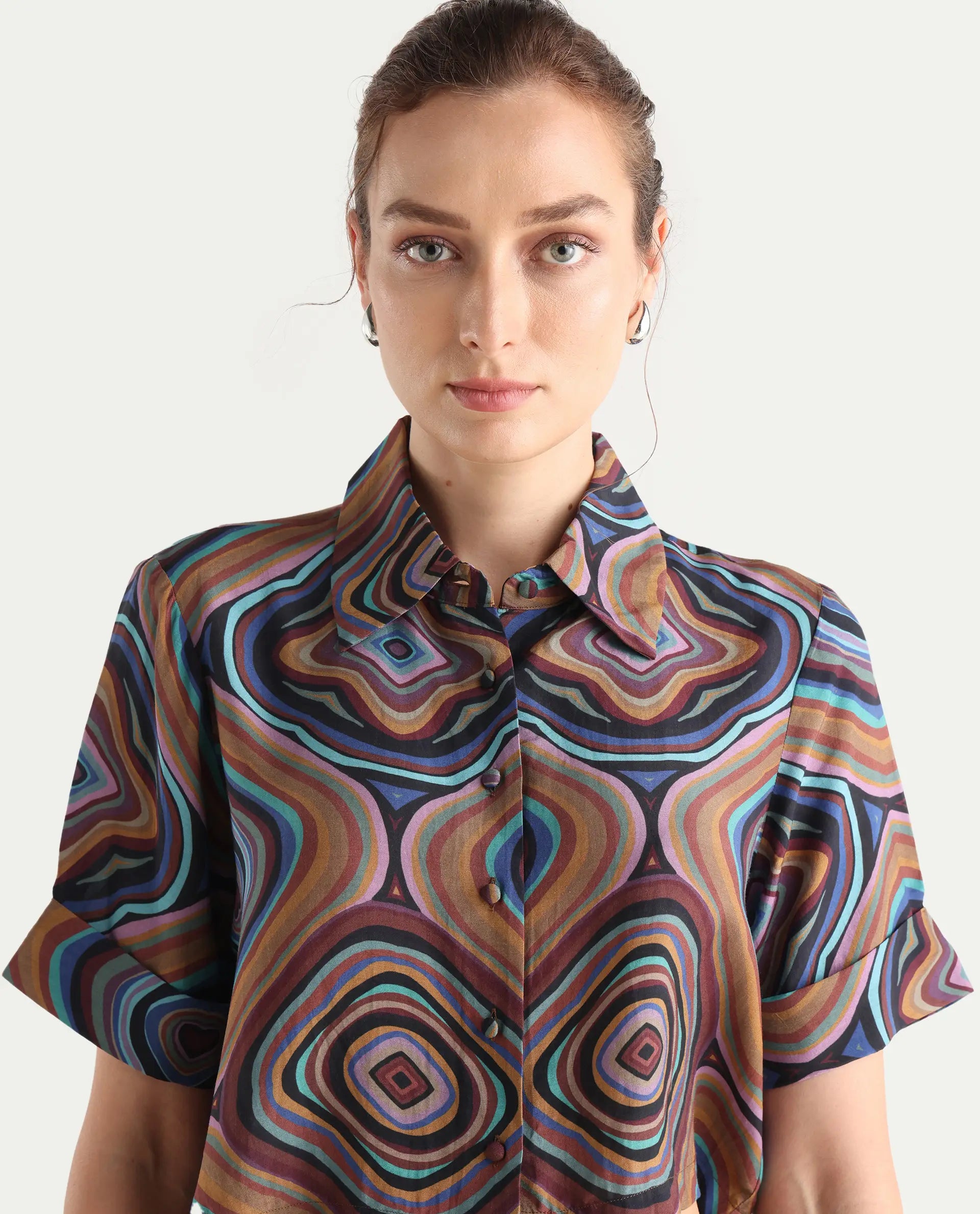 Rareism Women's Janber Dark Multi Cotton Spread Collar Abstract Print Crop Regular Fit Shirt