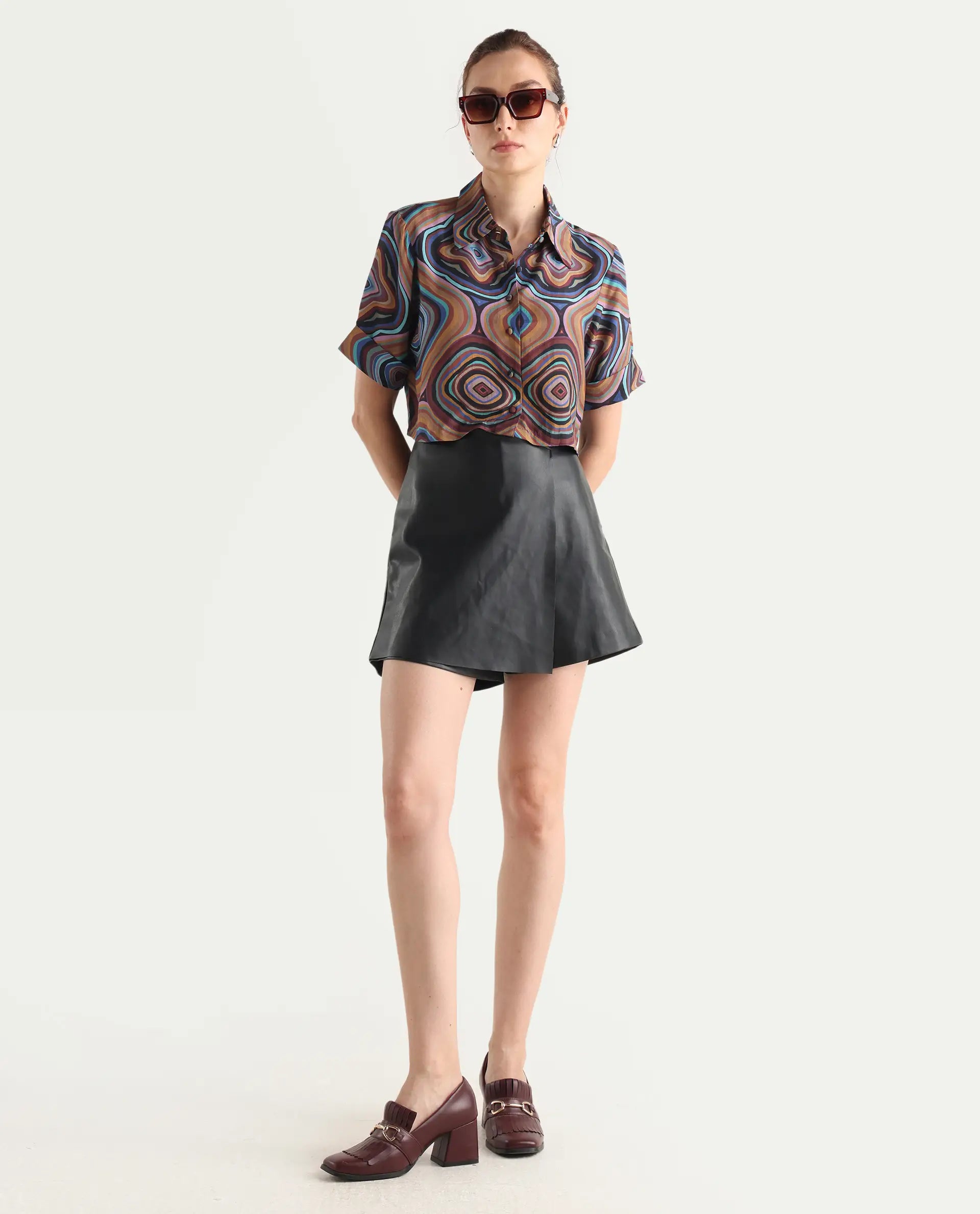 Rareism Women's Janber Dark Multi Cotton Spread Collar Abstract Print Crop Regular Fit Shirt