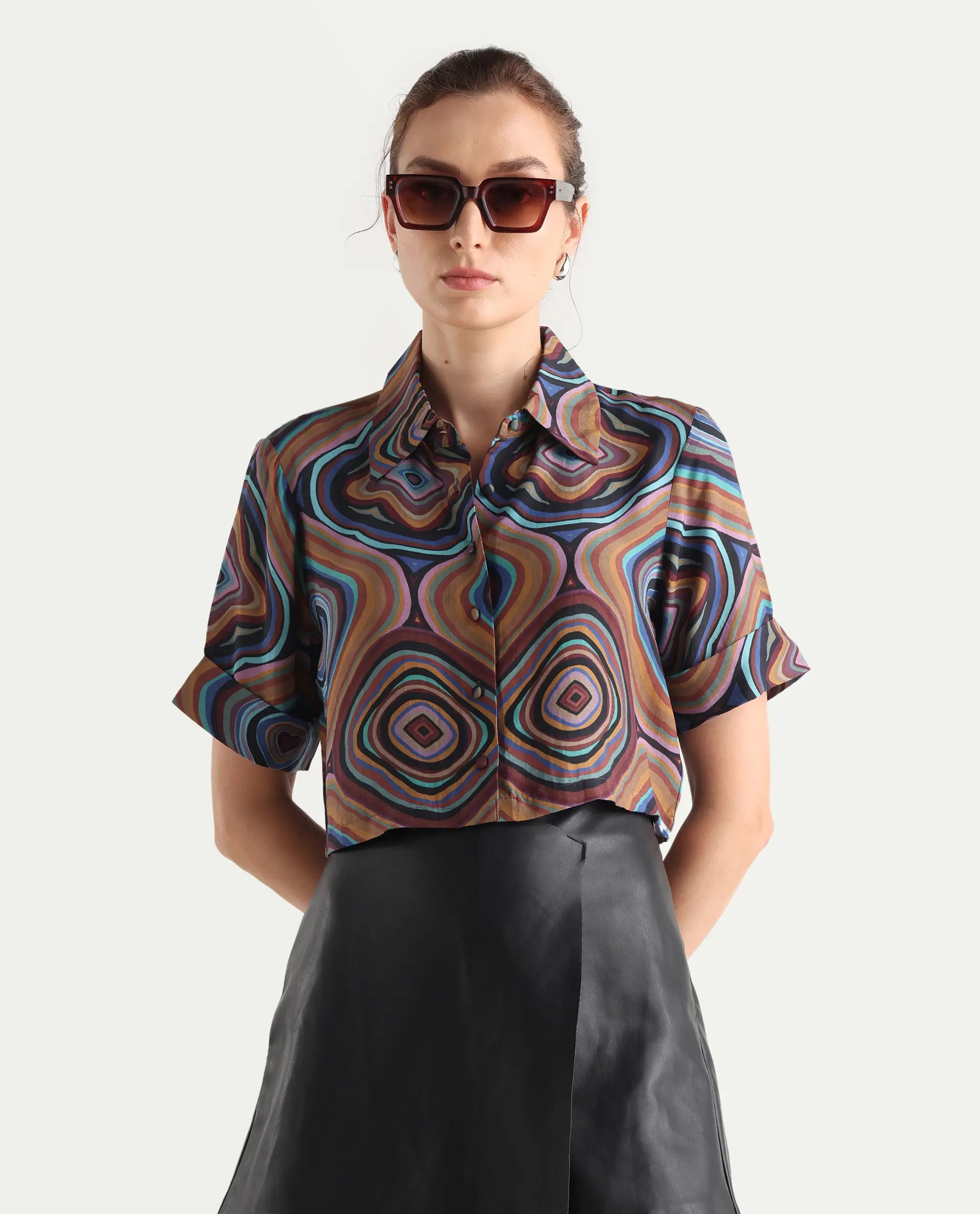 Rareism Women's Janber Dark Multi Cotton Spread Collar Abstract Print Crop Regular Fit Shirt