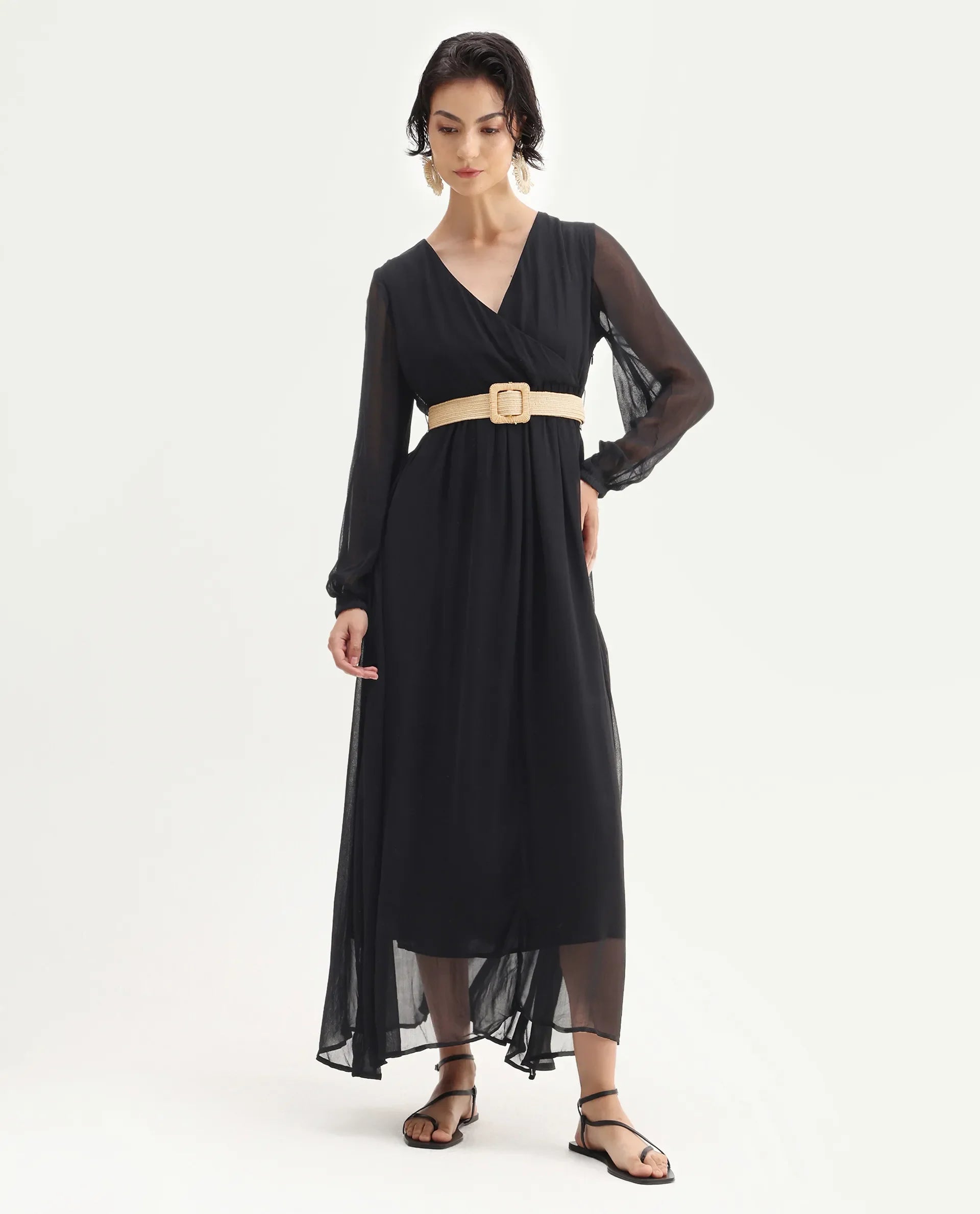 Rareism Women's Janclin Black Cotton V-Neck Plain Bishop Sleeve Maxi Fit And Flare Dress