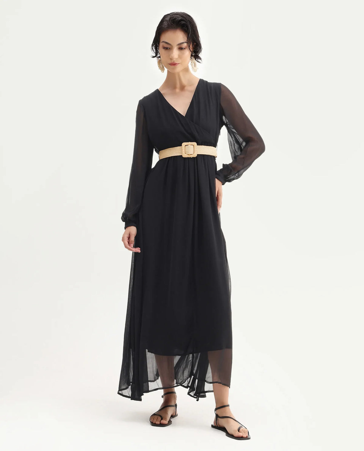 Rareism Women's Janclin Black Cotton V-Neck Plain Bishop Sleeve Maxi Fit And Flare Dress