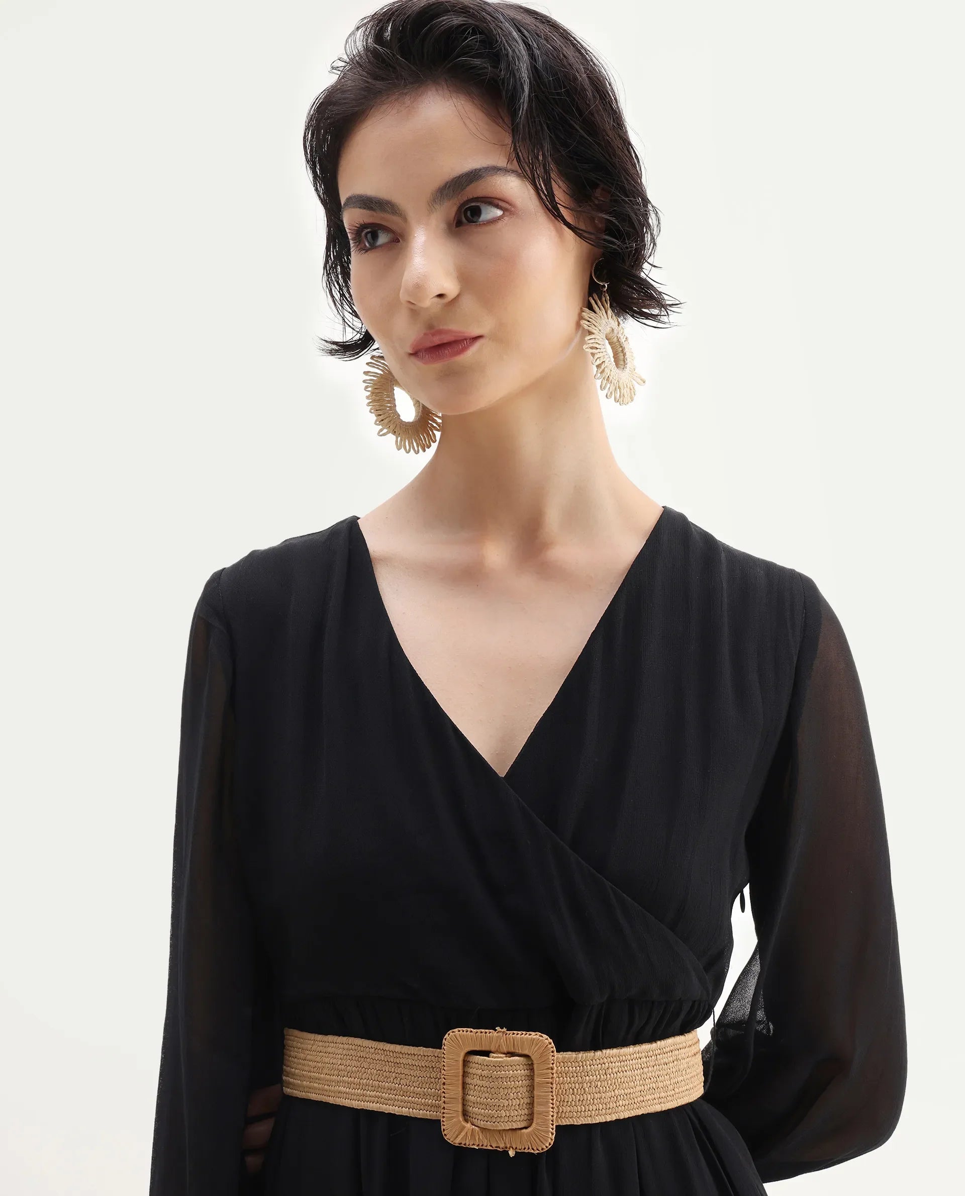 Rareism Women's Janclin Black Cotton V-Neck Plain Bishop Sleeve Maxi Fit And Flare Dress
