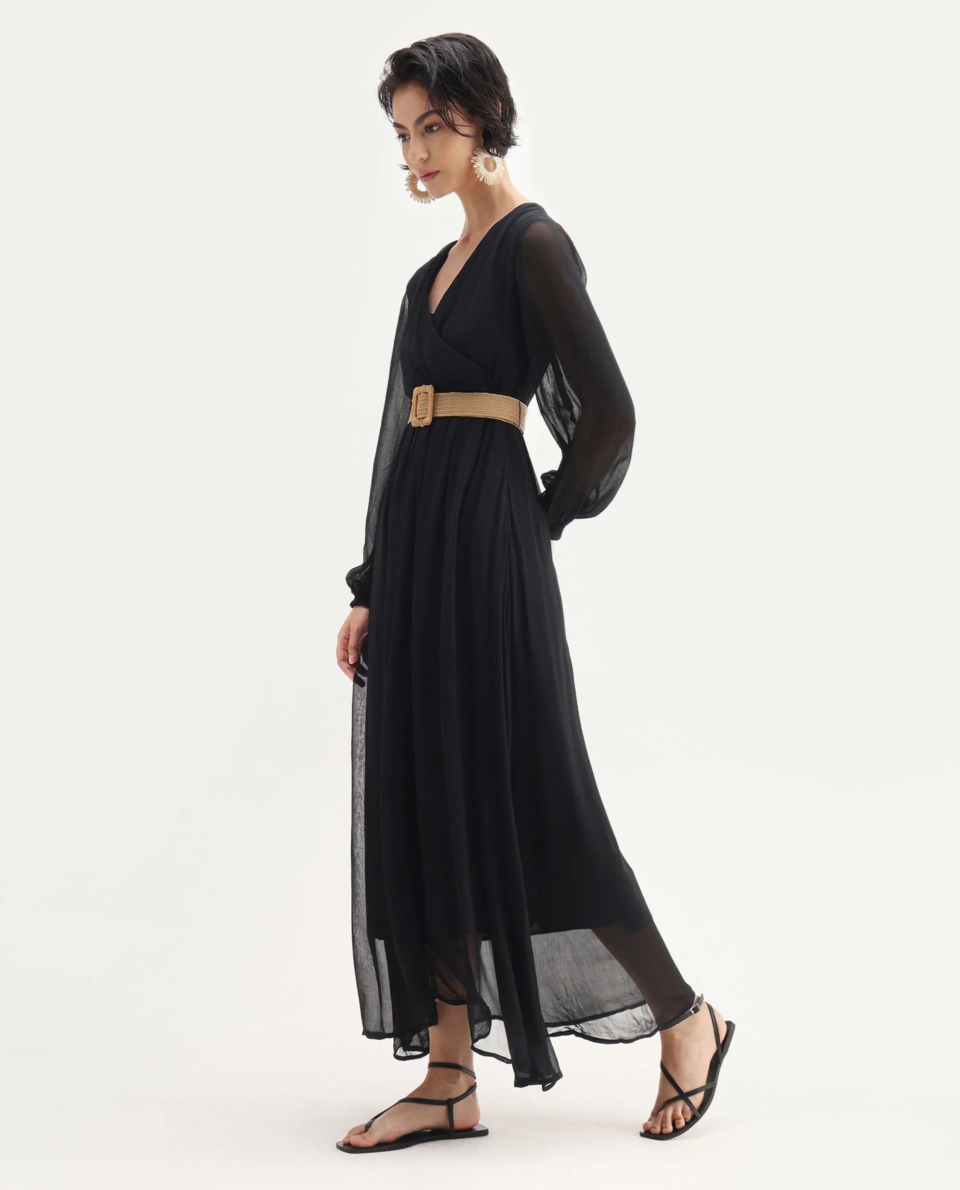 Rareism Women's Janclin Black Cotton V-Neck Plain Bishop Sleeve Maxi Fit And Flare Dress