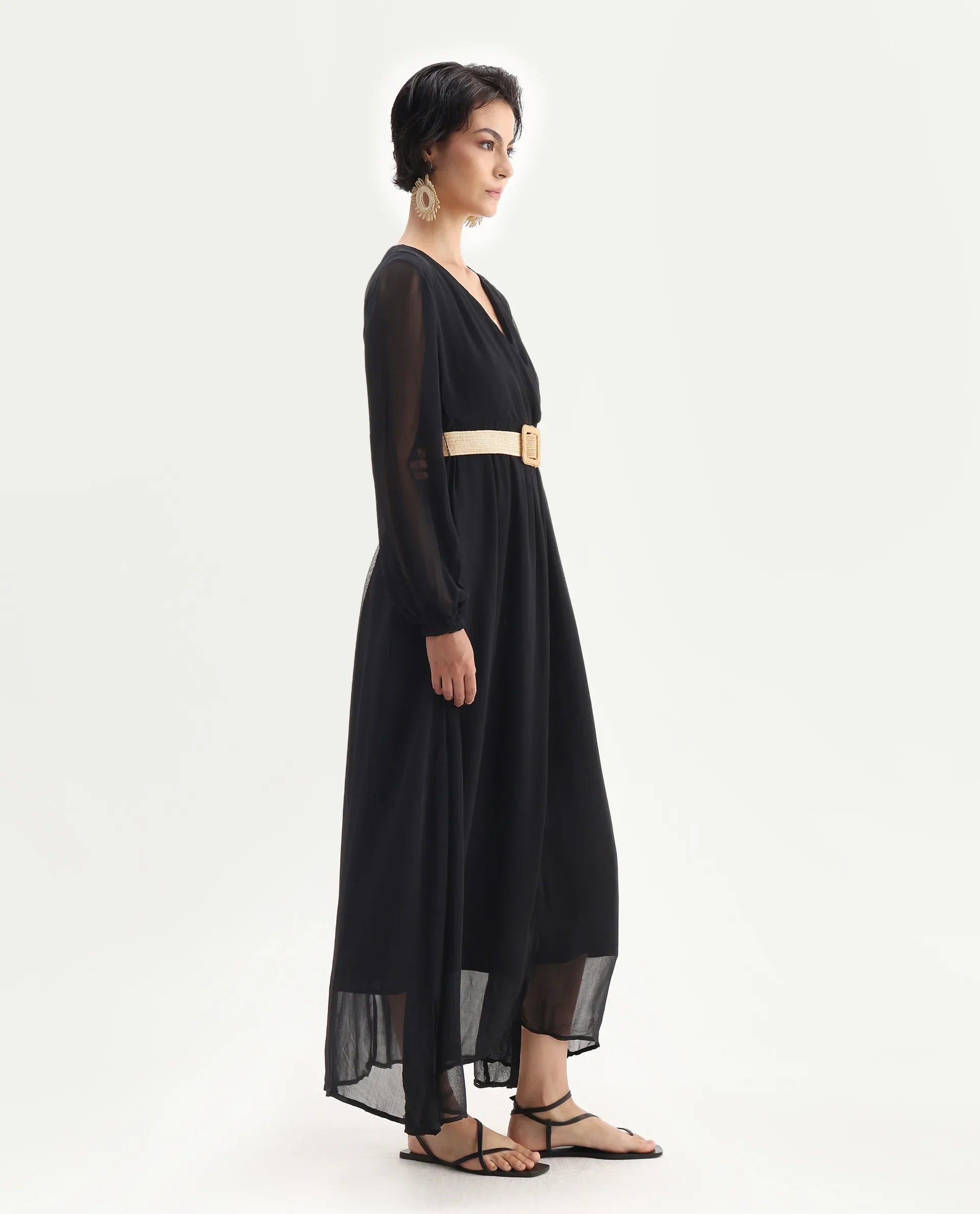 Rareism Women's Janclin Black Cotton V-Neck Plain Bishop Sleeve Maxi Fit And Flare Dress