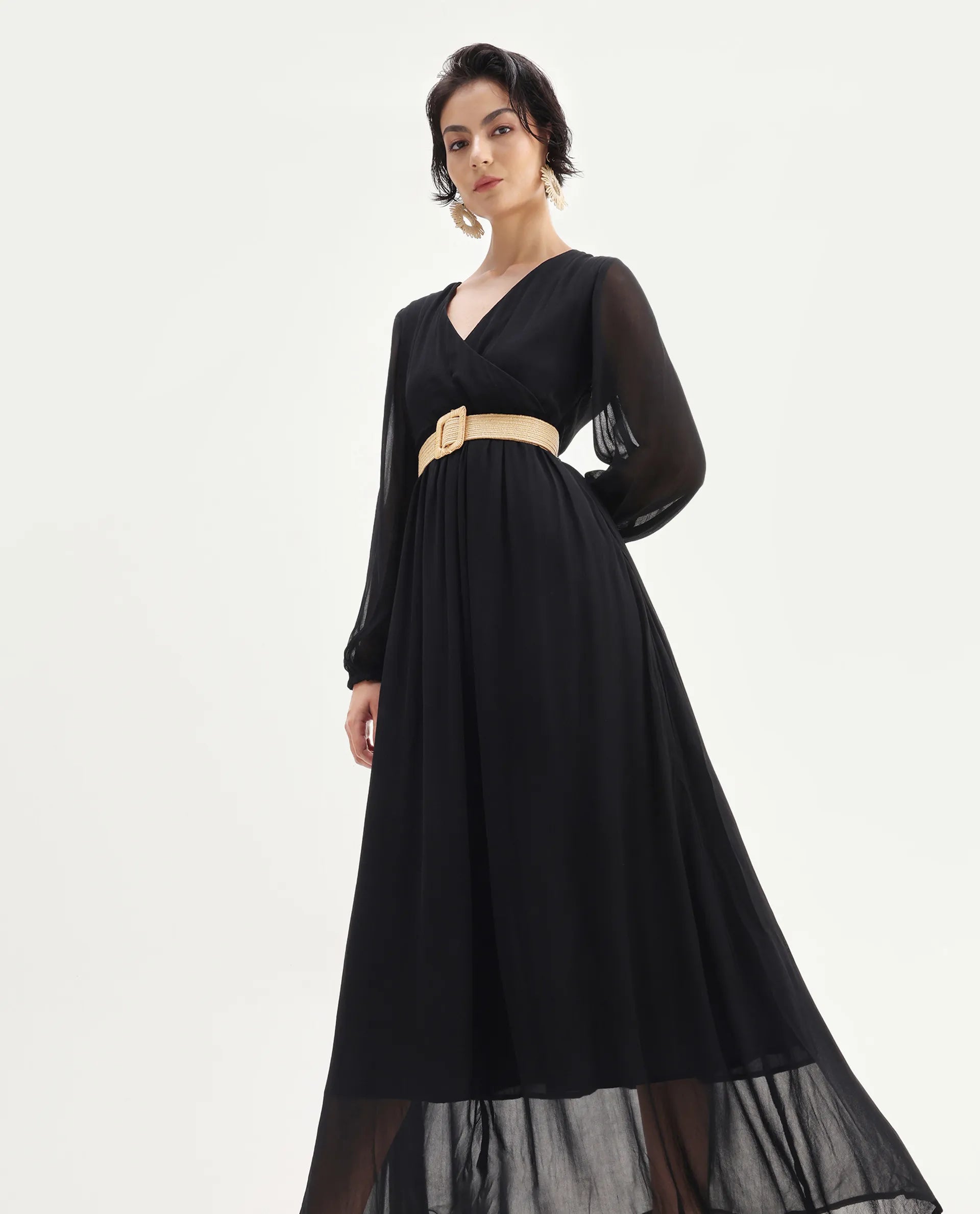 Rareism Women's Janclin Black Cotton V-Neck Plain Bishop Sleeve Maxi Fit And Flare Dress