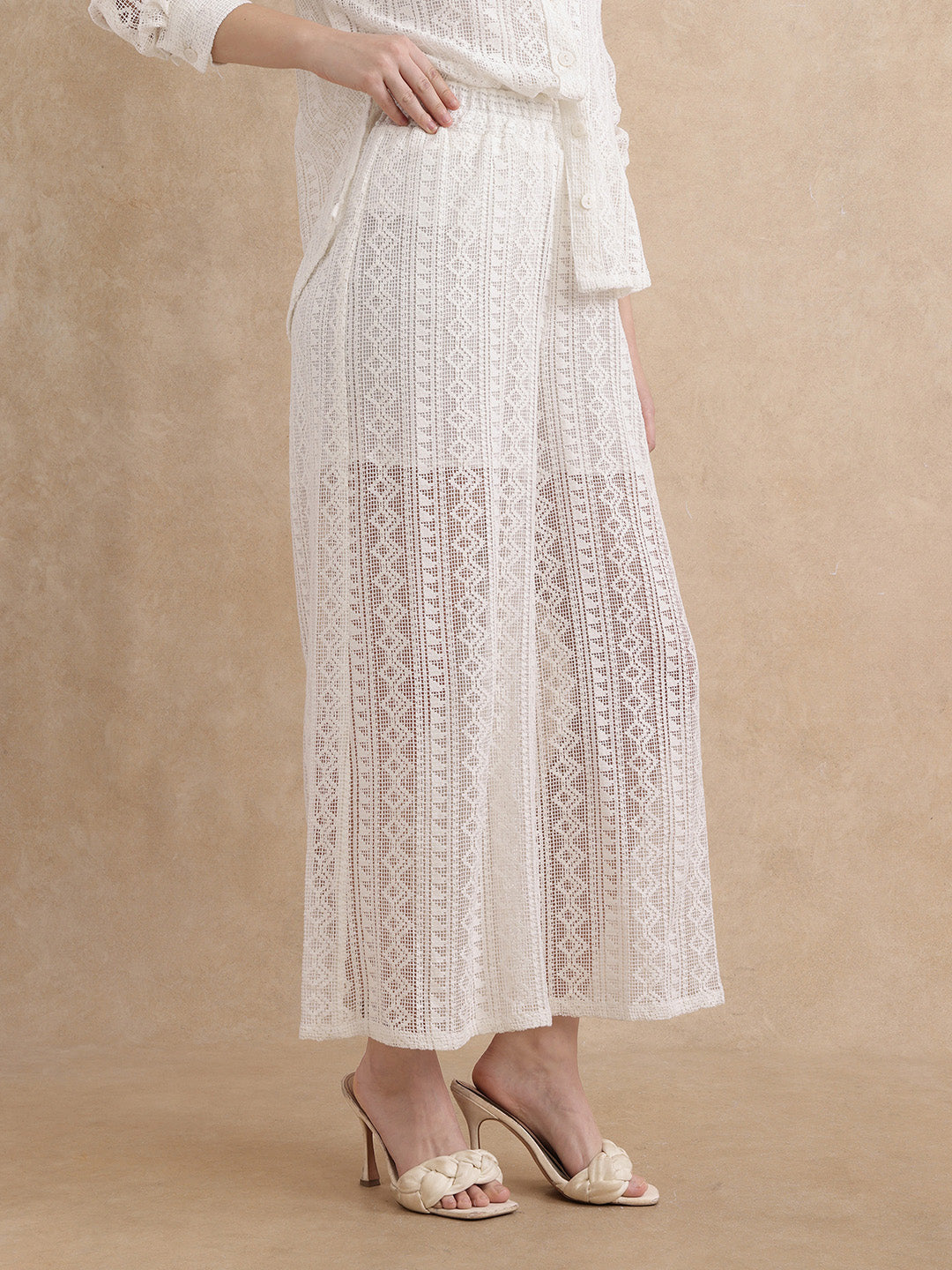 Rareism Women Jancodam-B Beige Cotton Fabric V-Neck Wide Fit Ankle Length Plain Trouser