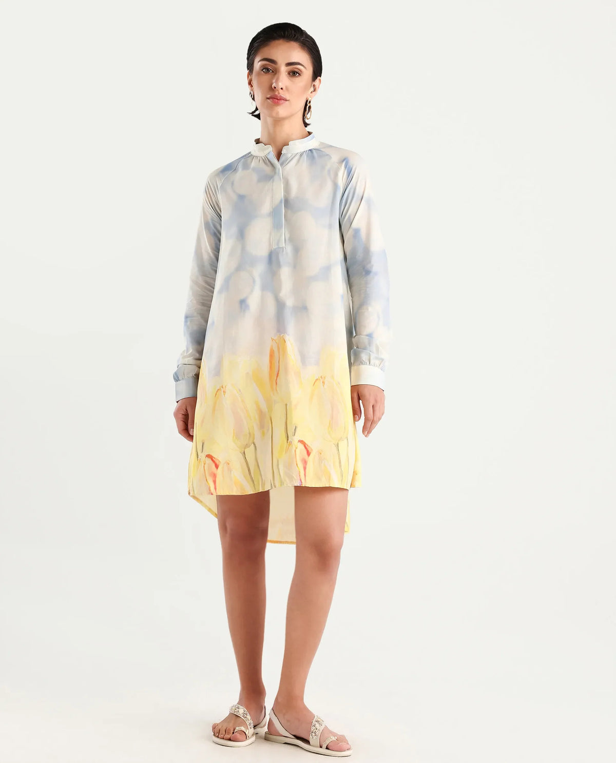 Rareism Women's Jancon Light Multi Modal Band Collar Floral Print Raglan Sleeve Mini A-Line Dress