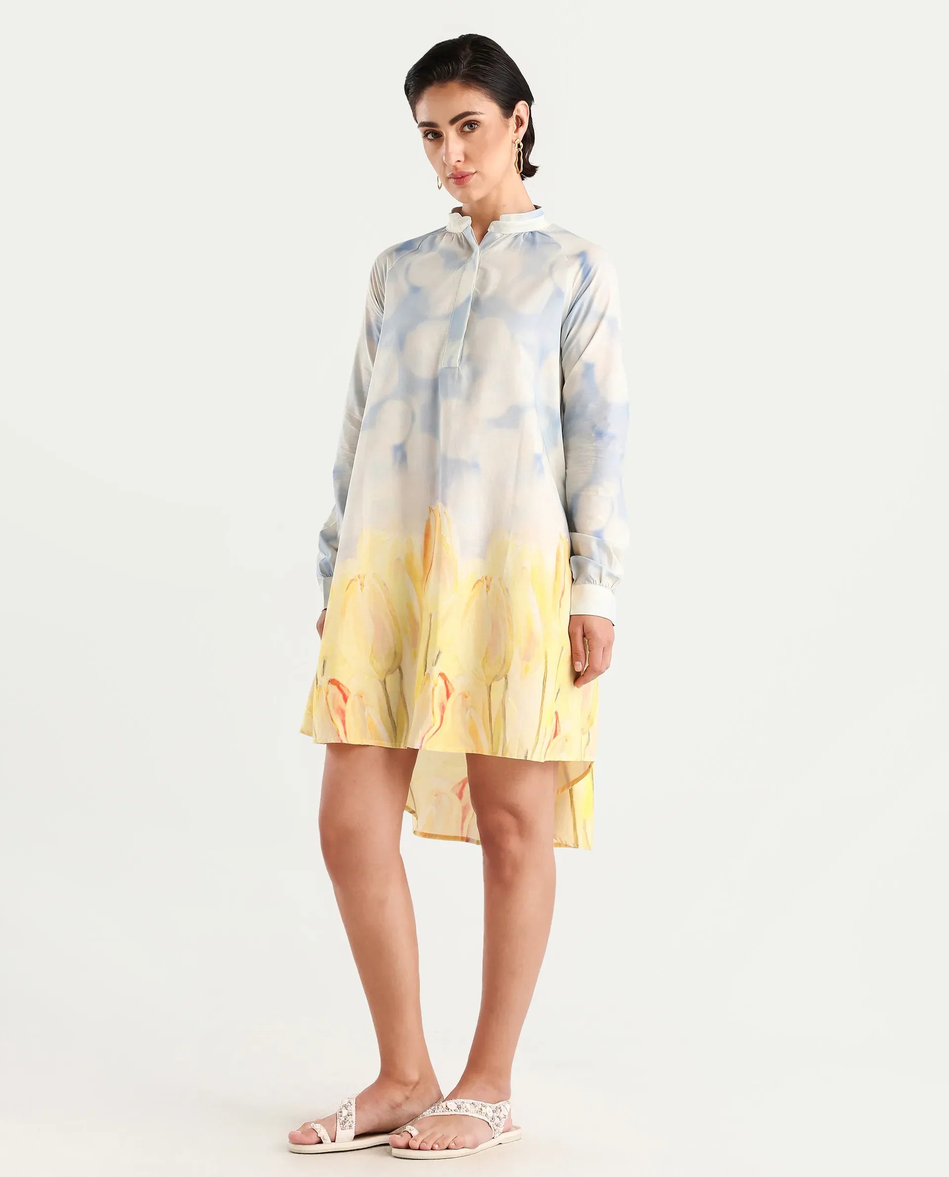 Rareism Women's Jancon Light Multi Modal Band Collar Floral Print Raglan Sleeve Mini A-Line Dress