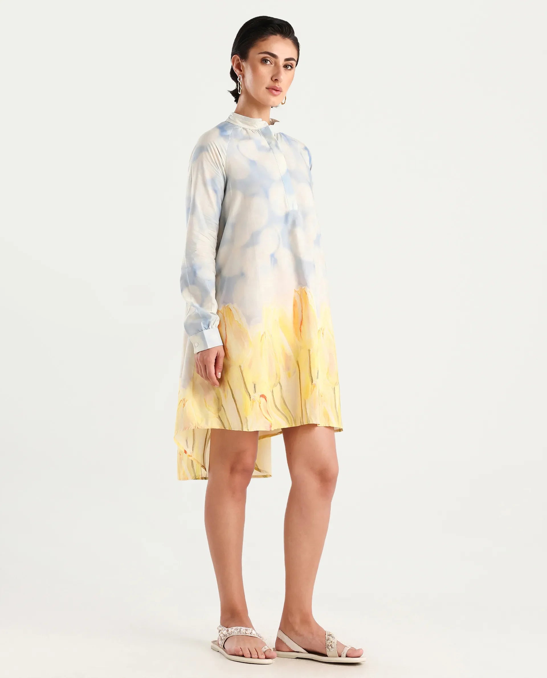 Rareism Women's Jancon Light Multi Modal Band Collar Floral Print Raglan Sleeve Mini A-Line Dress