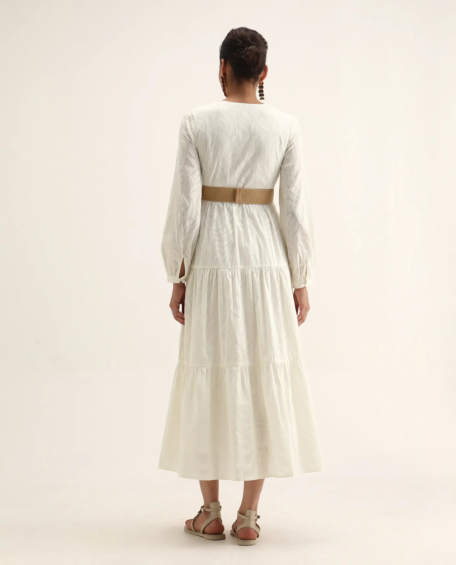 Rareism Women's Janco Off White Cotton V-Neck Plain Bishop Sleeve Maxi Fit And Flare Dress