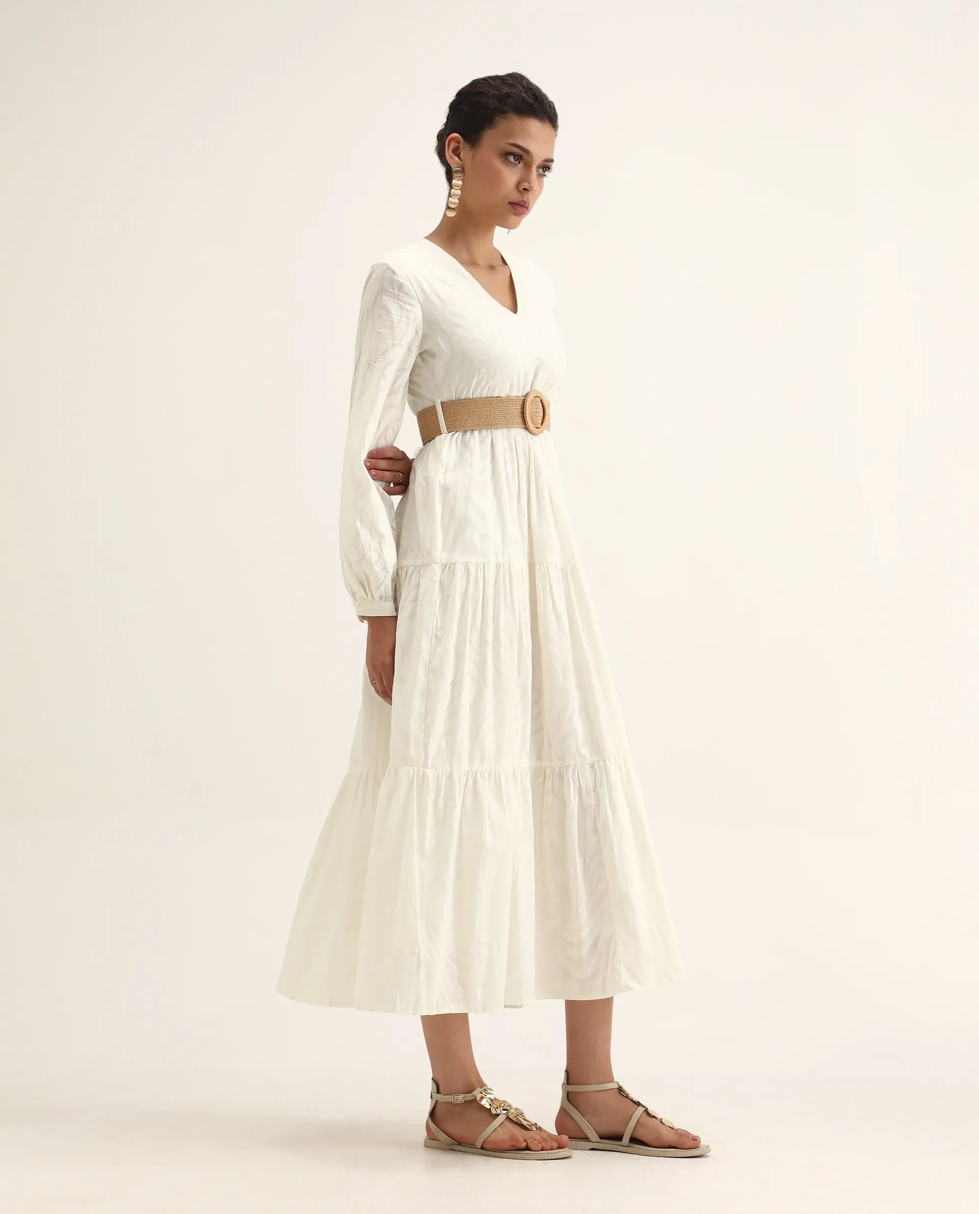 Rareism Women's Janco Off White Cotton V-Neck Plain Bishop Sleeve Maxi Fit And Flare Dress