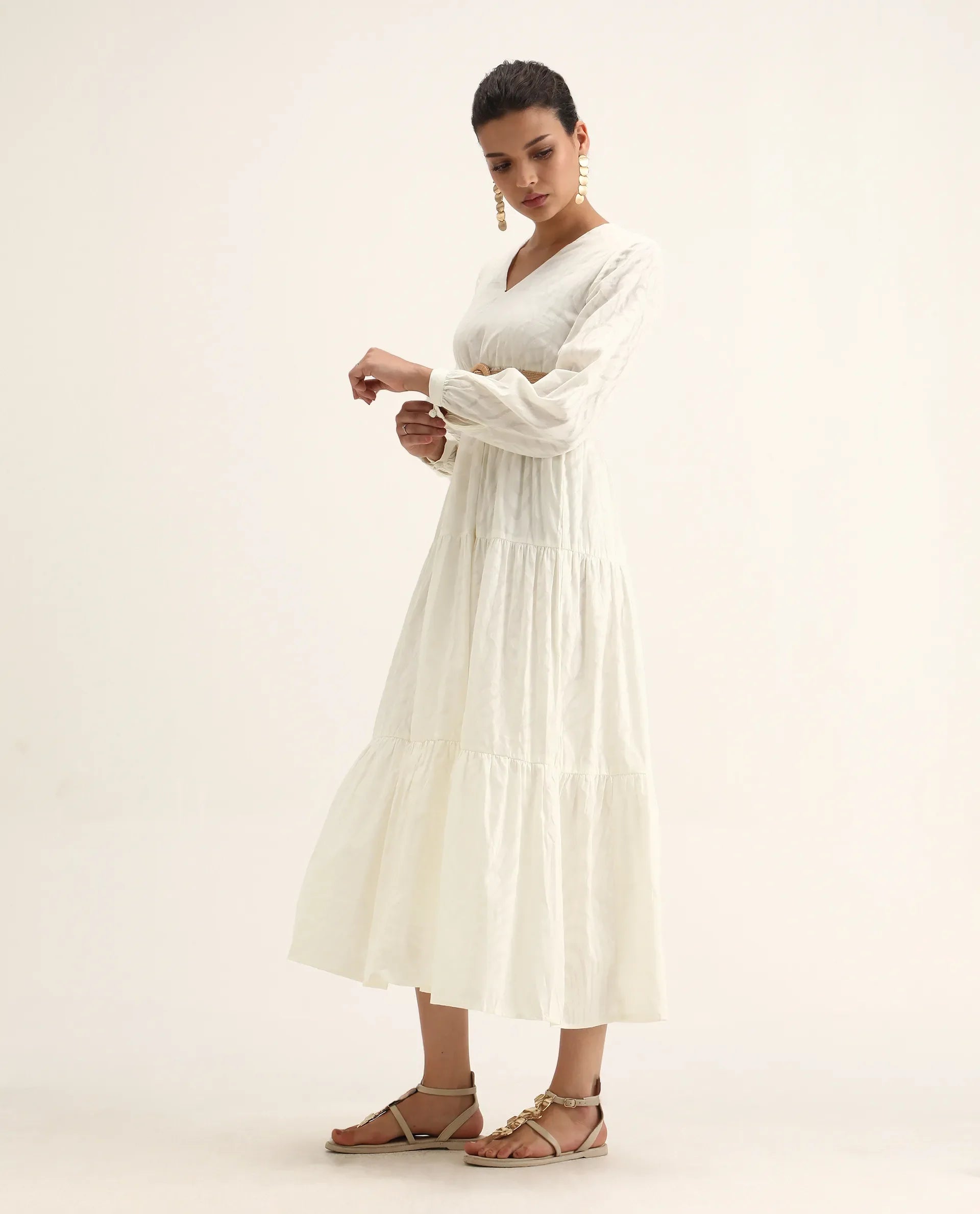 Rareism Women's Janco Off White Cotton V-Neck Plain Bishop Sleeve Maxi Fit And Flare Dress