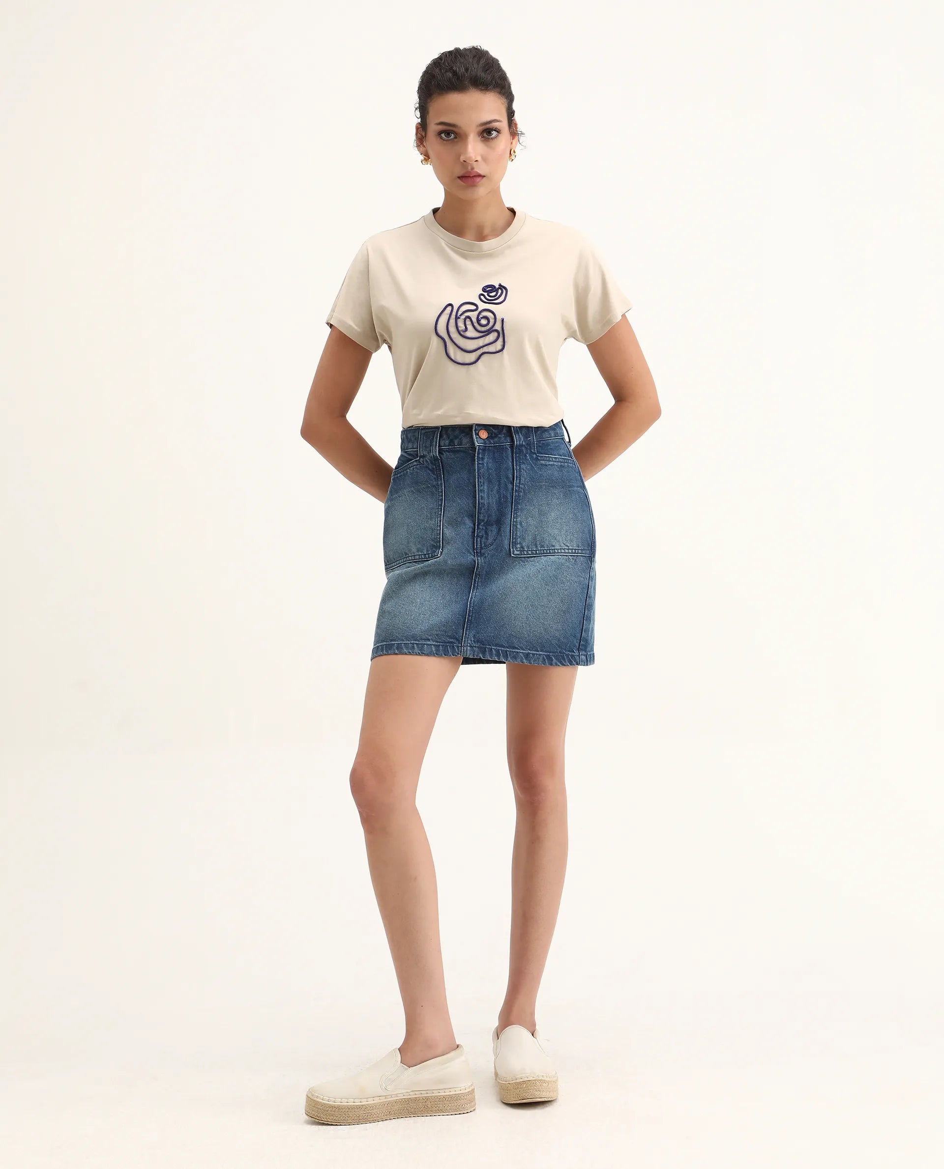 Rareism Women's Jancor Beige Cotton Blend Round Neck Plain Regular Fit T-Shirt