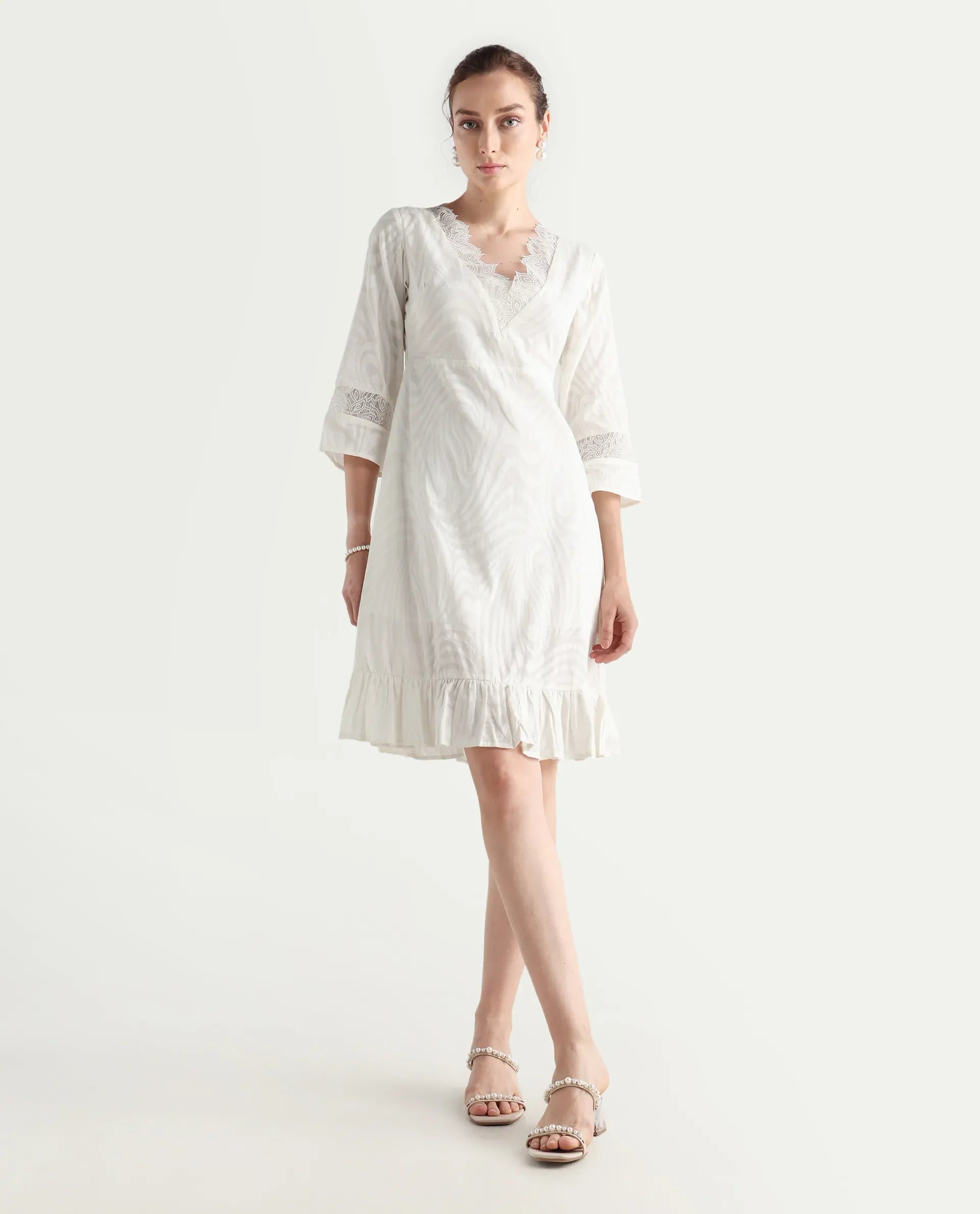 Rareism Women's Jancuol Off White Cotton V-Neck Plain Bell Sleeve Knee Length Fit And Flare Dress