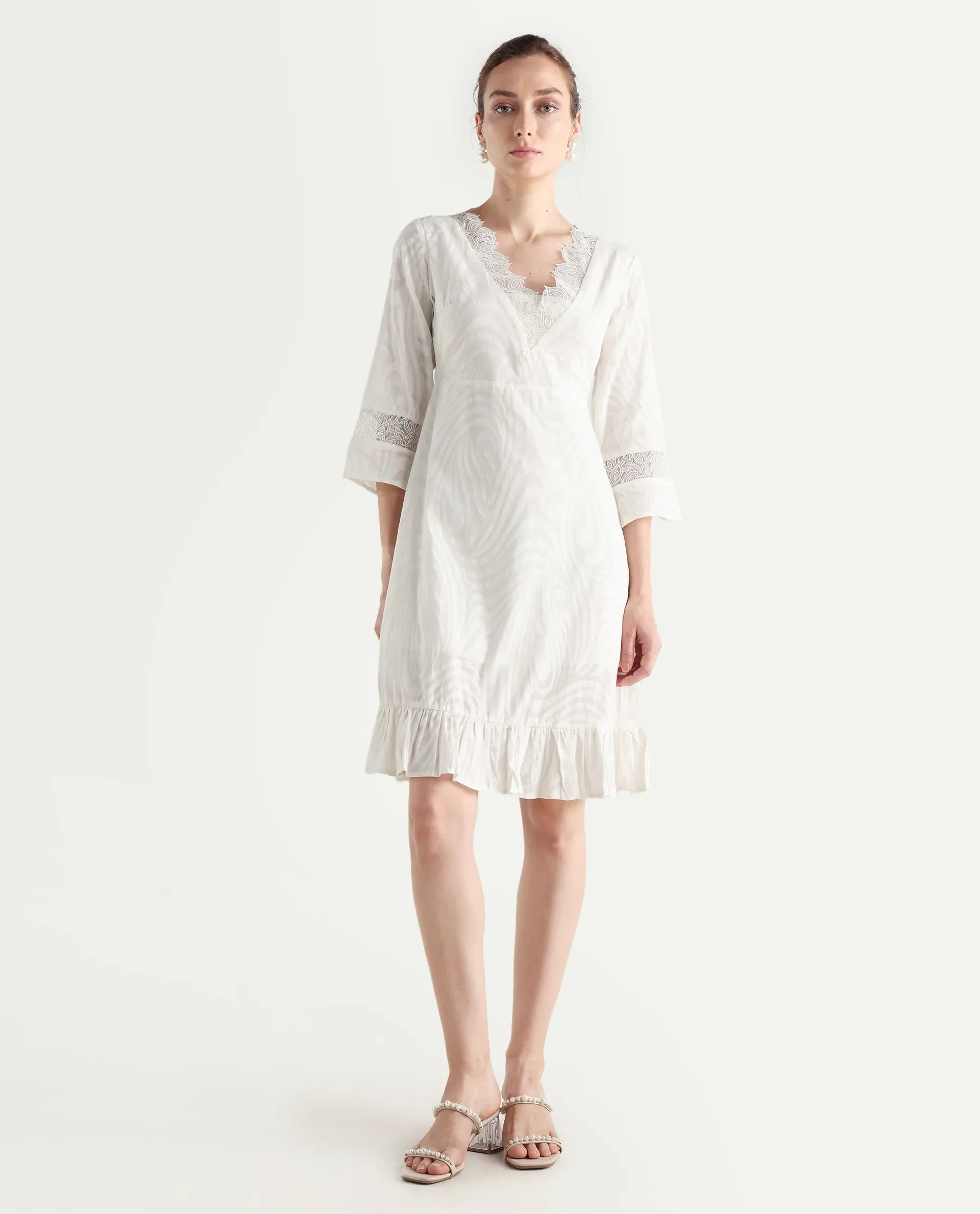 Rareism Women's Jancuol Off White Cotton V-Neck Plain Bell Sleeve Knee Length Fit And Flare Dress