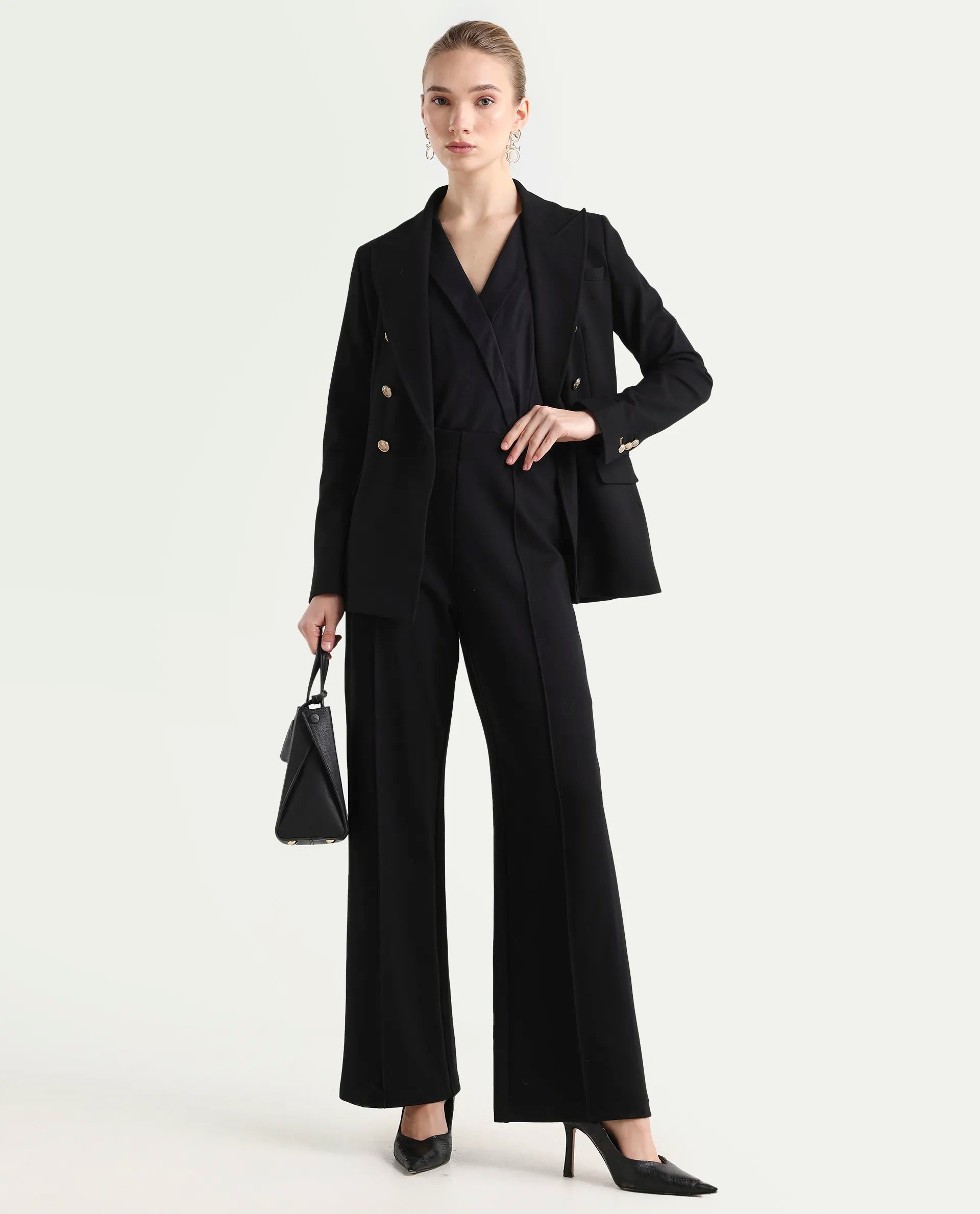 Rareism Women's Jancura-R Black Rayon Blend Plain Ankle Length Bootcut Trouser