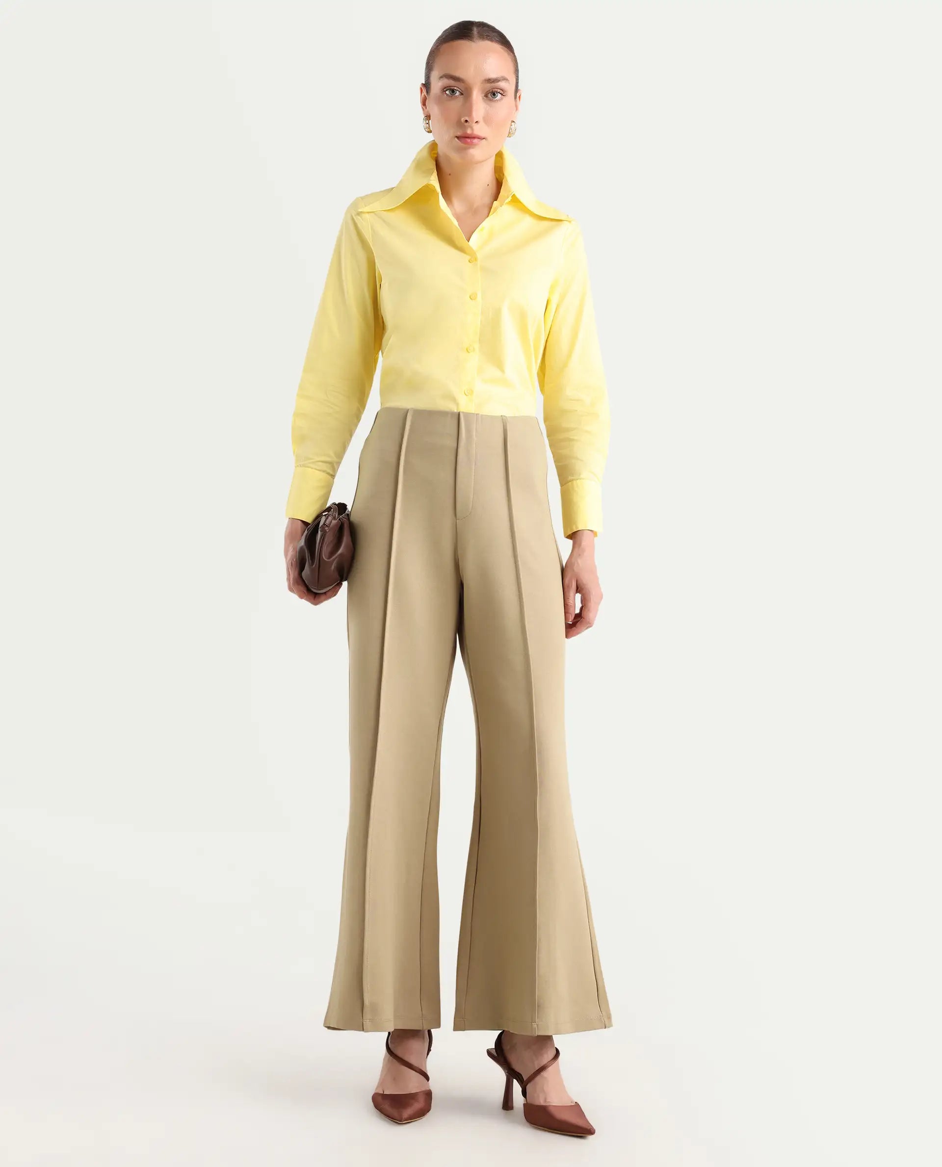 Rareism Women's Jancura Beige Rayon Plain Ankle Length Bootcut Trouser