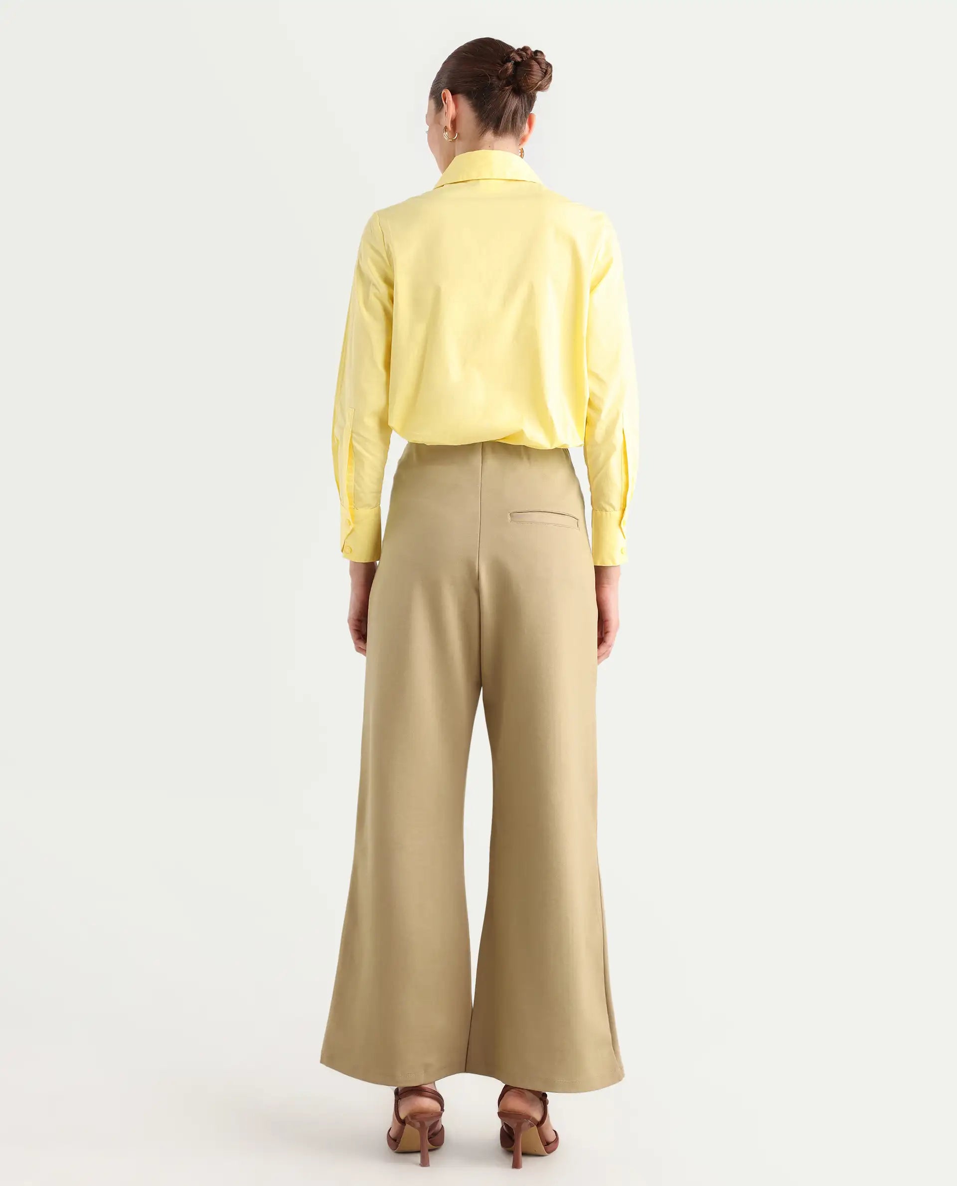 Rareism Women's Jancura Beige Rayon Blend Plain Ankle Length Bootcut Trouser