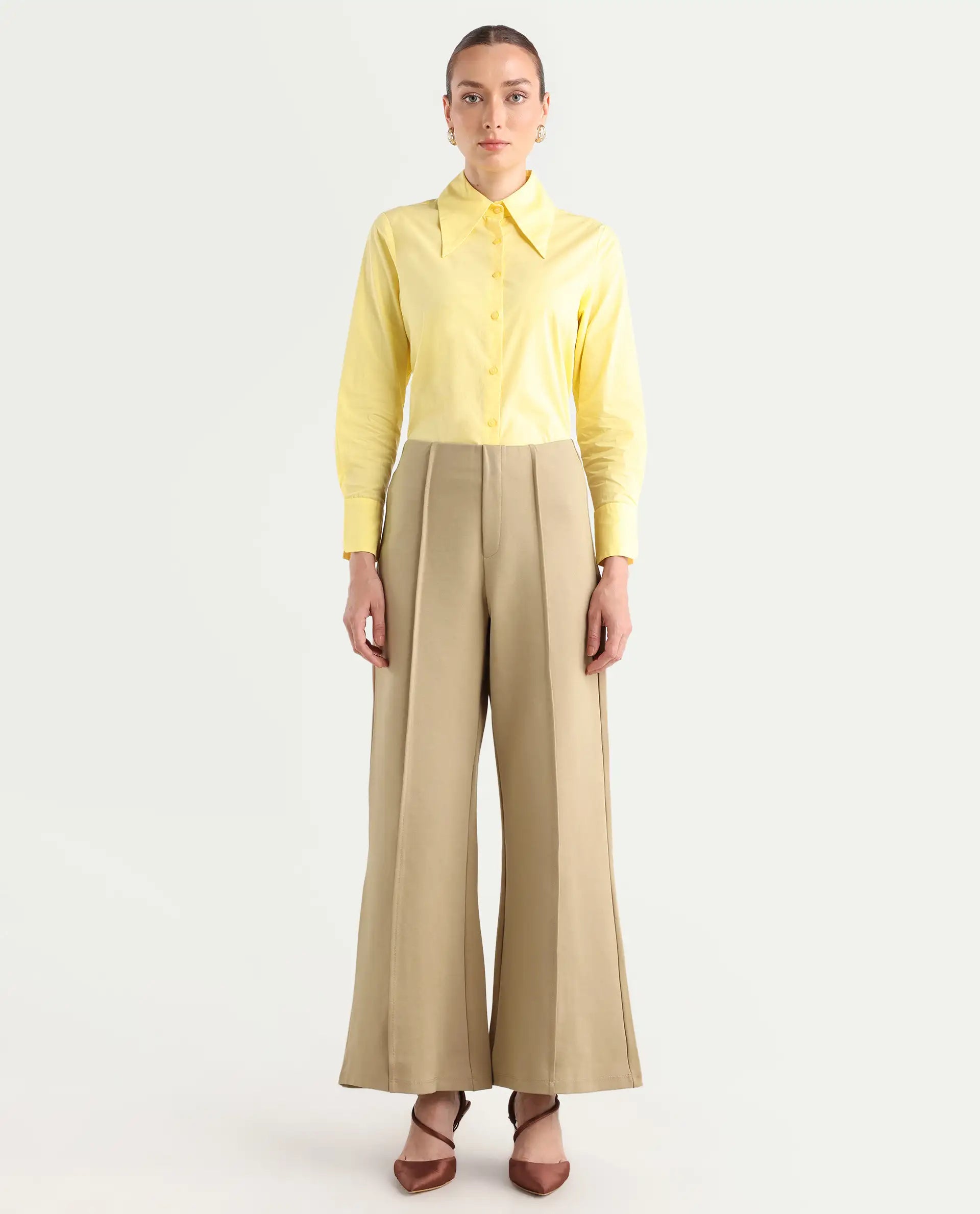 Rareism Women's Jancura Beige Rayon Blend Plain Ankle Length Bootcut Trouser