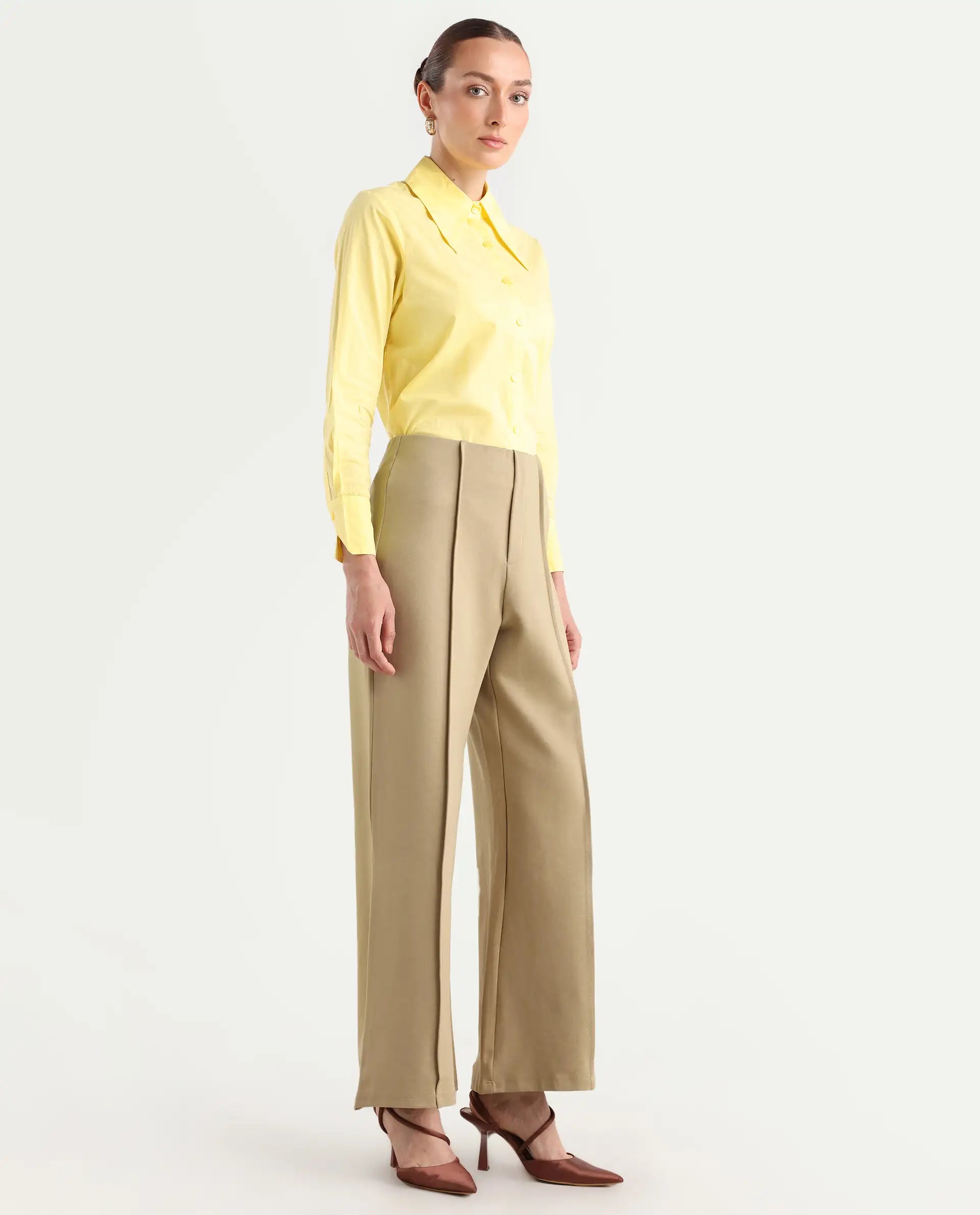 Rareism Women's Jancura Beige Rayon Blend Plain Ankle Length Bootcut Trouser