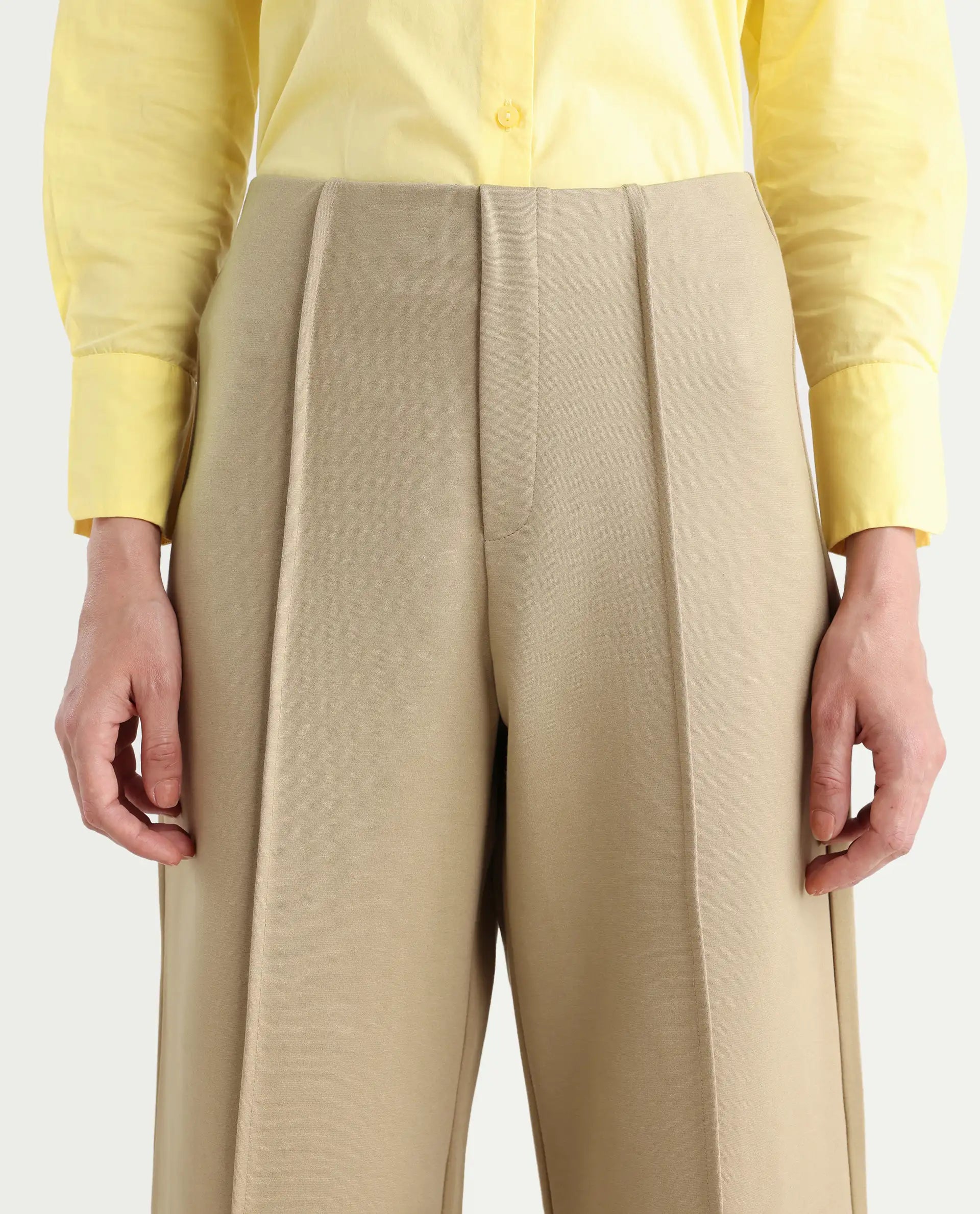 Rareism Women's Jancura Beige Rayon Blend Plain Ankle Length Bootcut Trouser