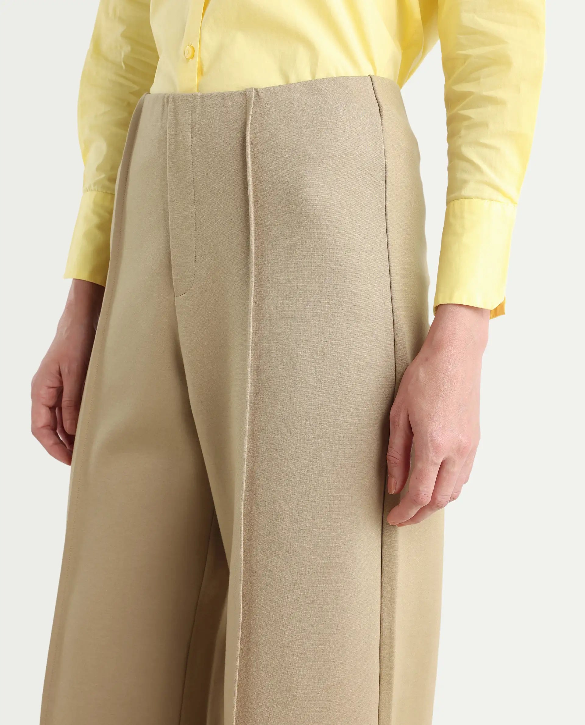 Rareism Women's Jancura Beige Rayon Blend Plain Ankle Length Bootcut Trouser