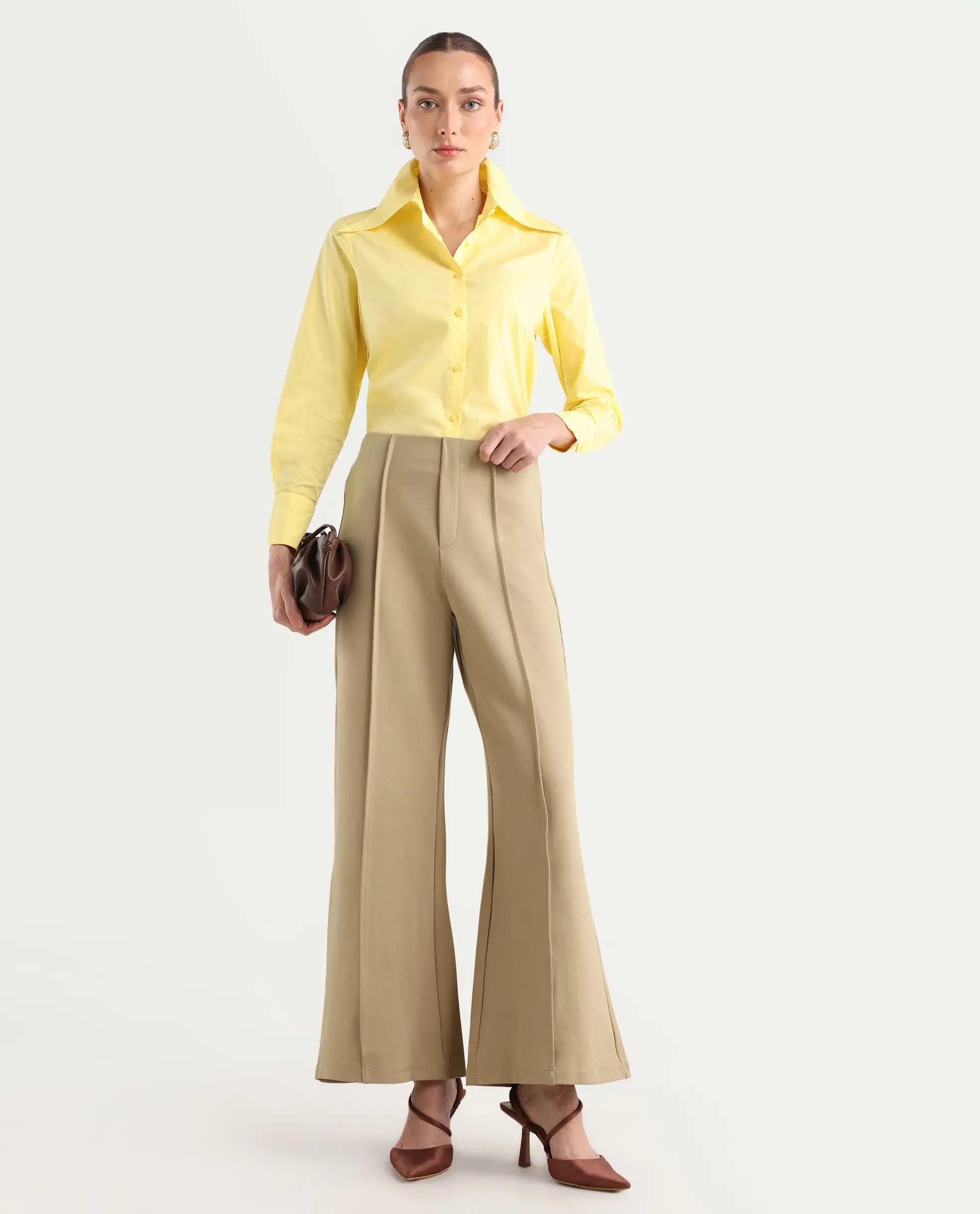 Rareism Women's Jancura Beige Rayon Plain Ankle Length Bootcut Trouser