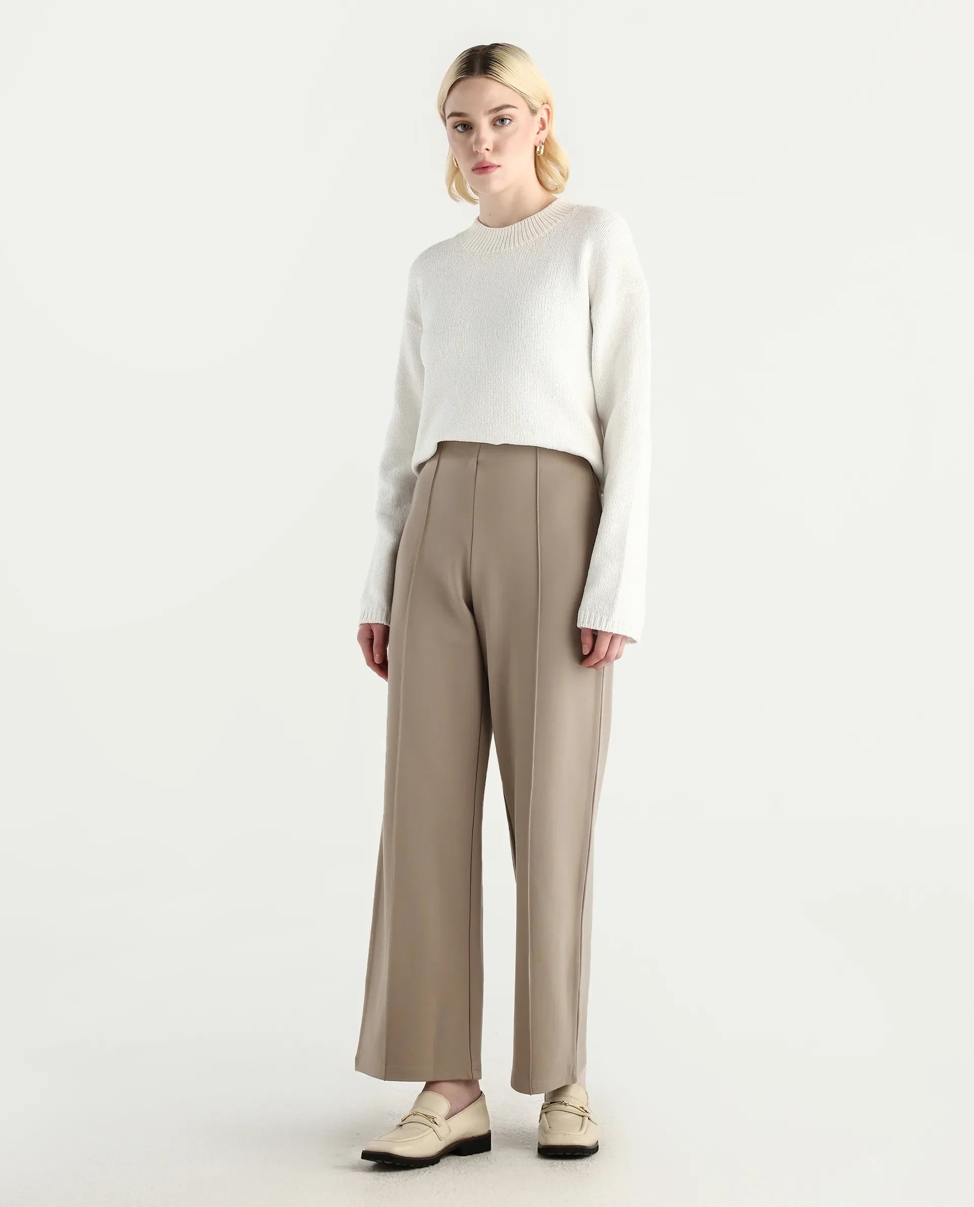 Rareism Women's Jancura-R Beige Viscose Blend Fabric Straight Plain Trouser