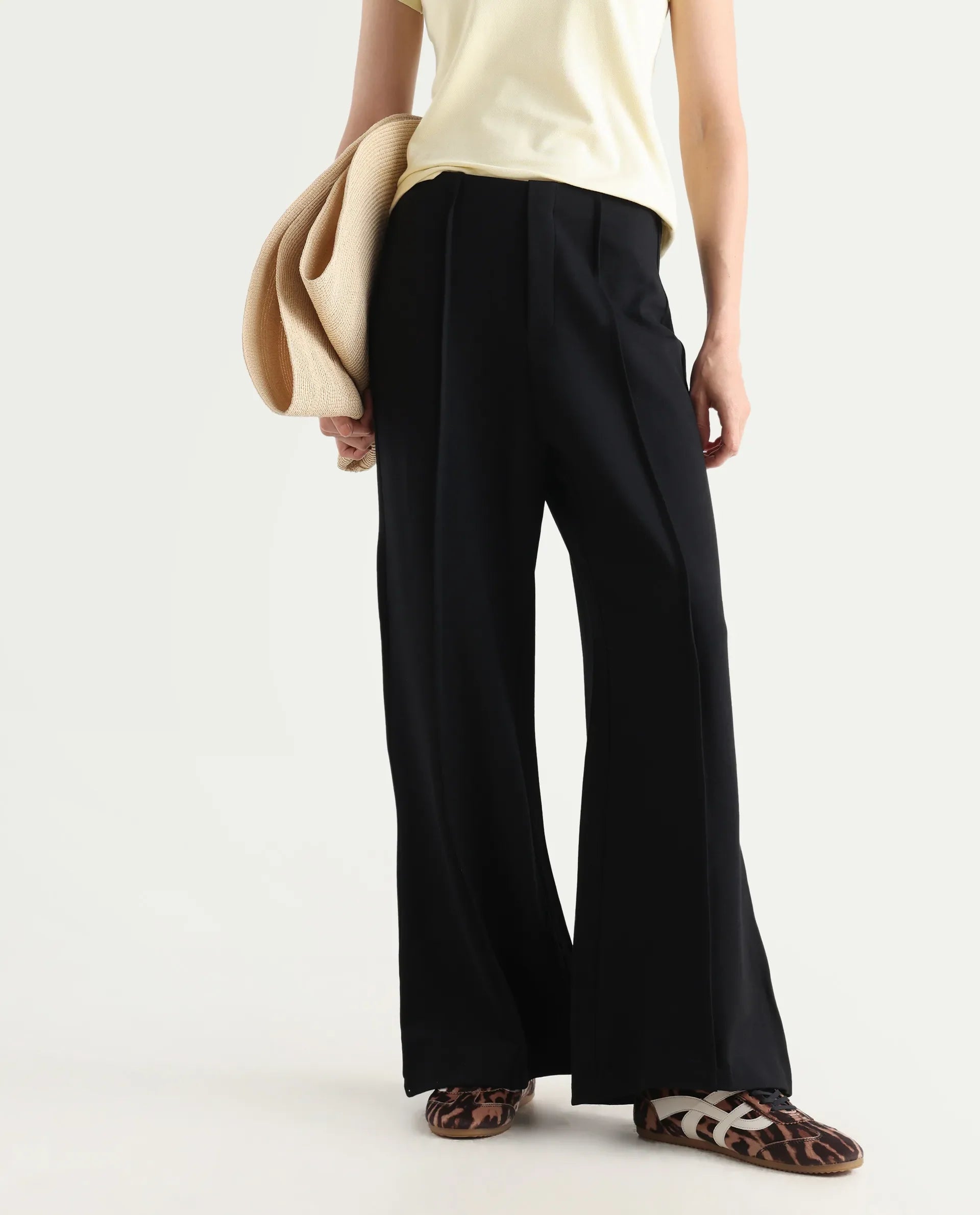 Rareism Women's Jancura Black Nylon Fabric Straight Plain Trouser