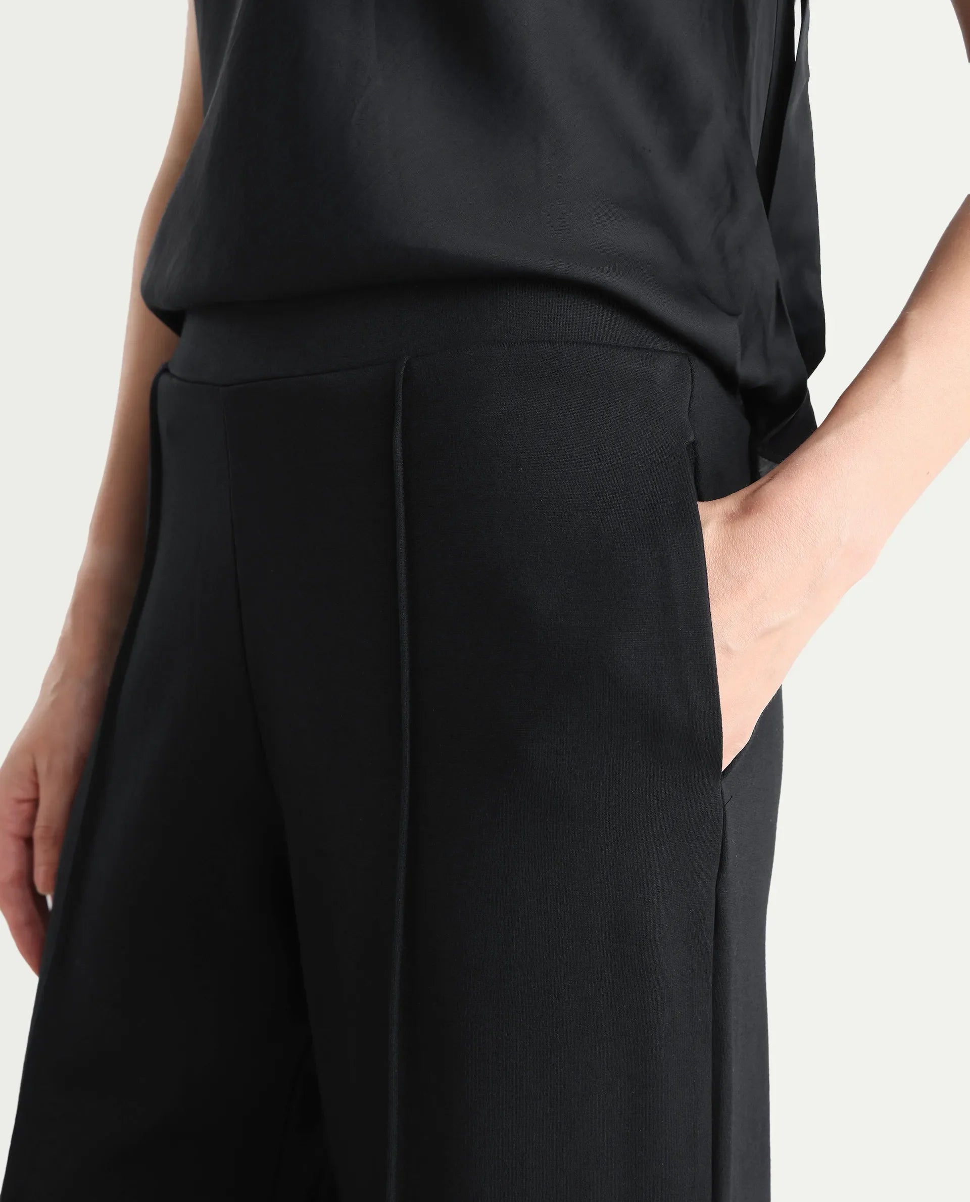 Rareism Women's Jancuri Black Rayon Blend Plain Ankle Length Straight Fit Travel Trouser