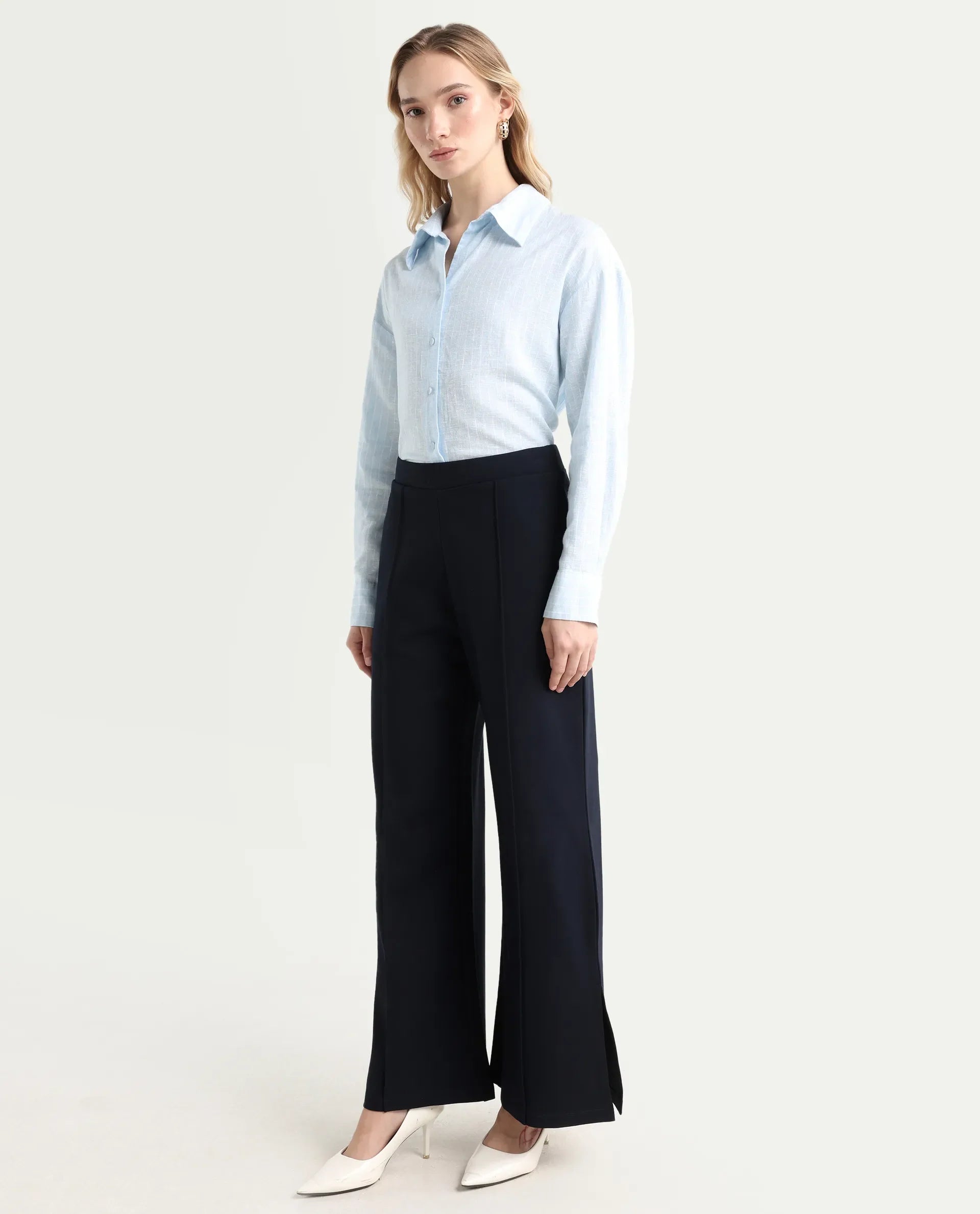 Rareism Women's Jancuri Navy Rayon Blend Plain Ankle Length Straight Fit Trouser