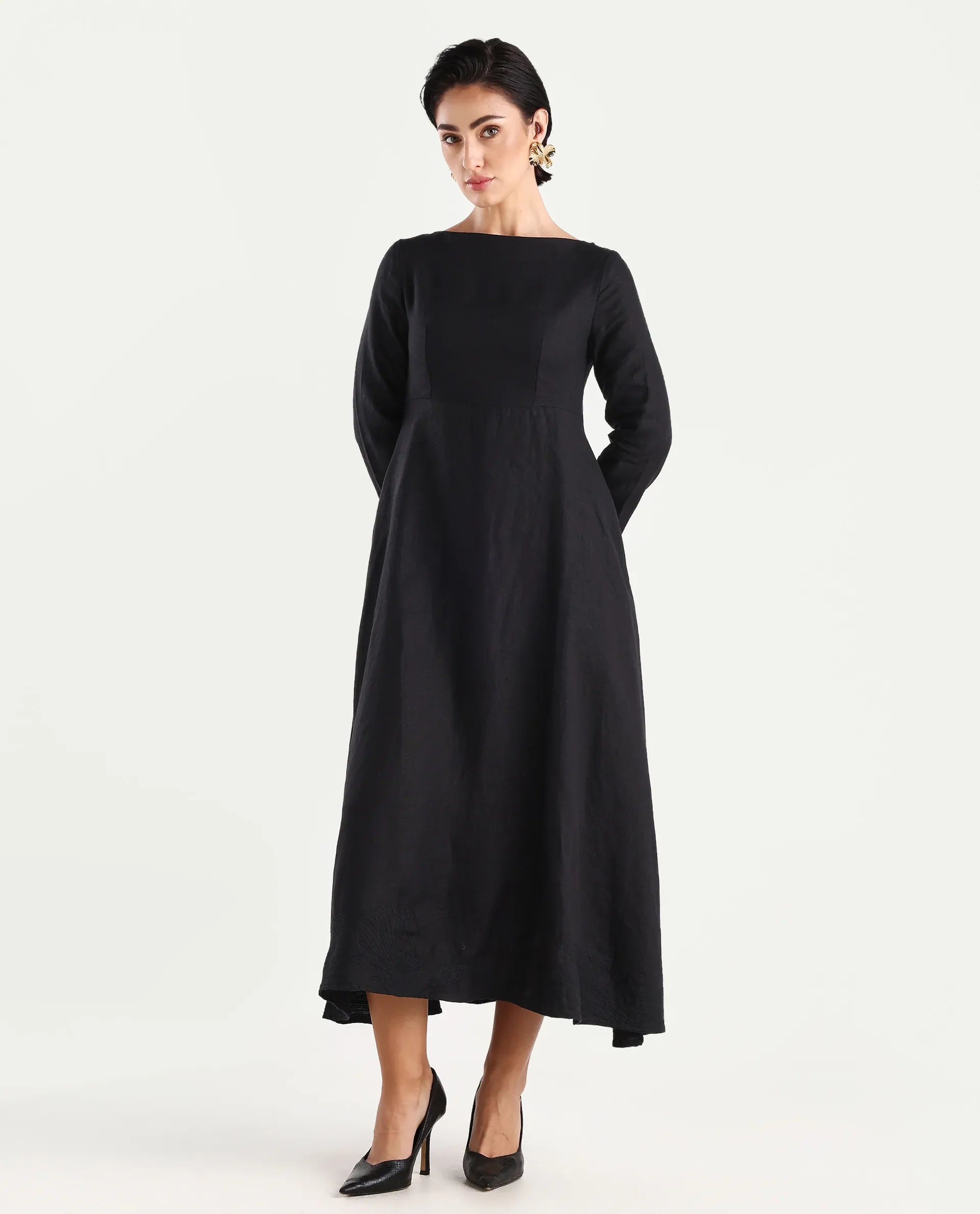 Rareism Women's Jander Black Linen Boat Neck Plain Maxi Fit And Flare Dress