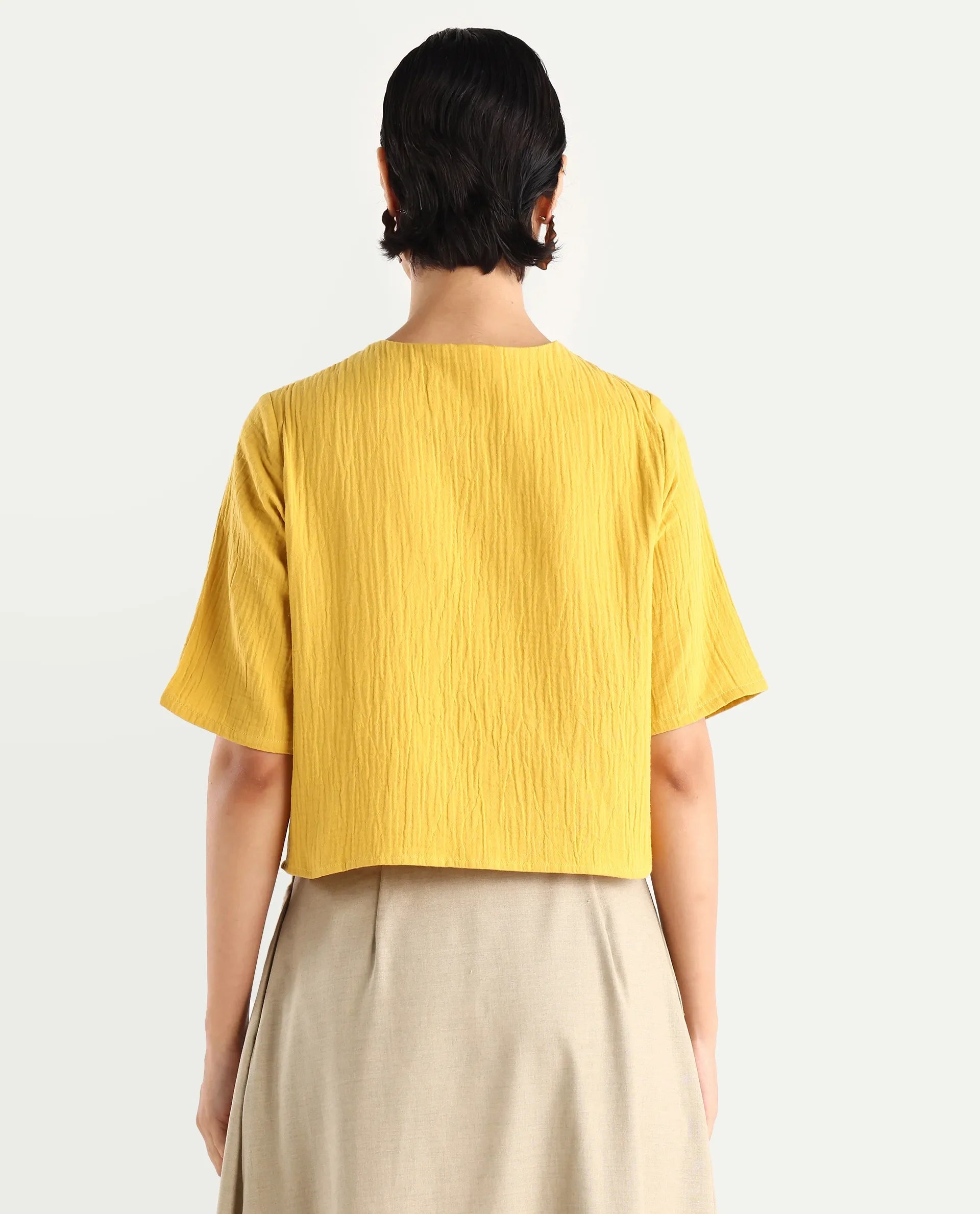 Rareism Women's Jandren T Mustard Cotton Round Neck Plain Relaxed Fit Top