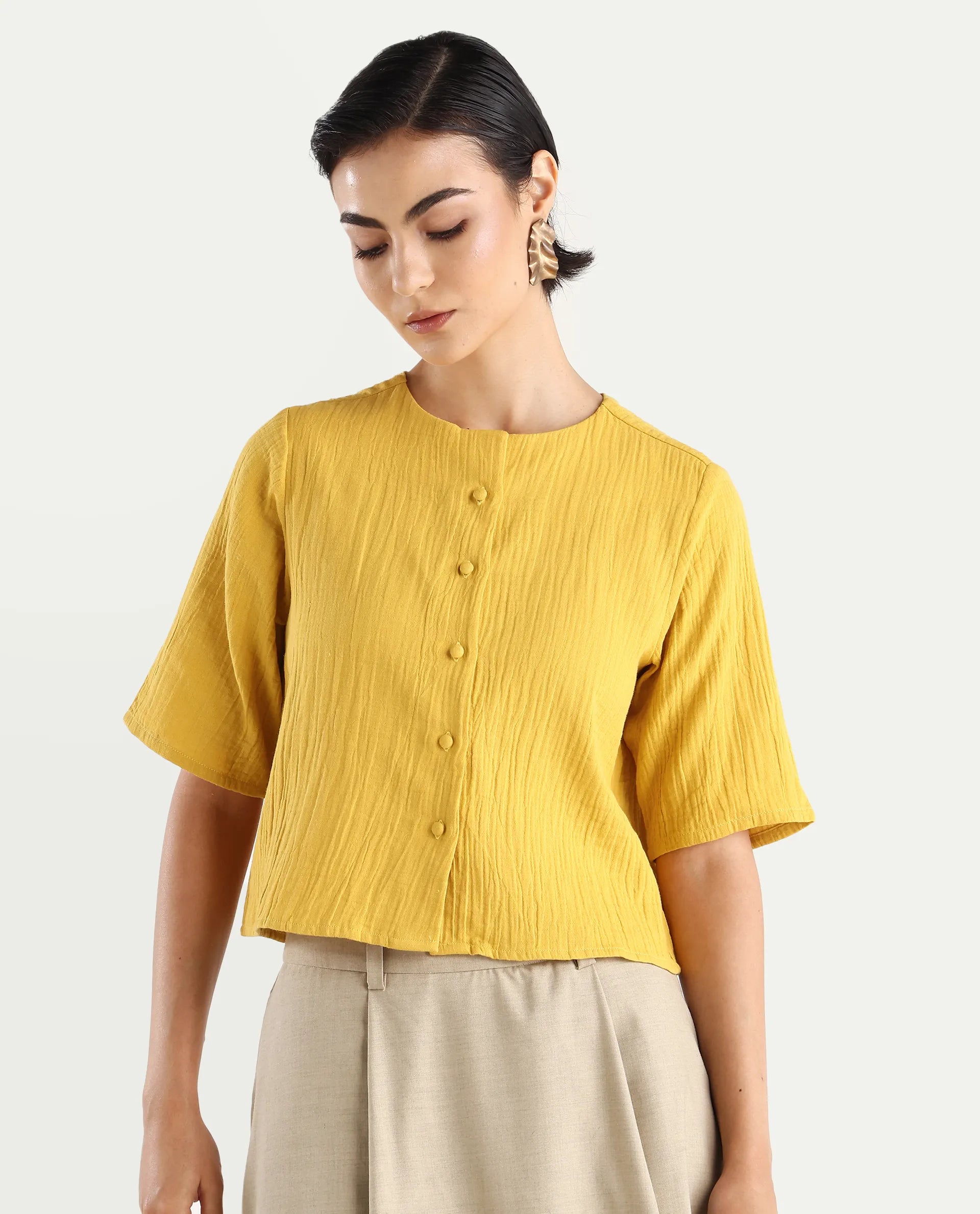 Rareism Women's Jandren T Mustard Cotton Round Neck Plain Relaxed Fit Top