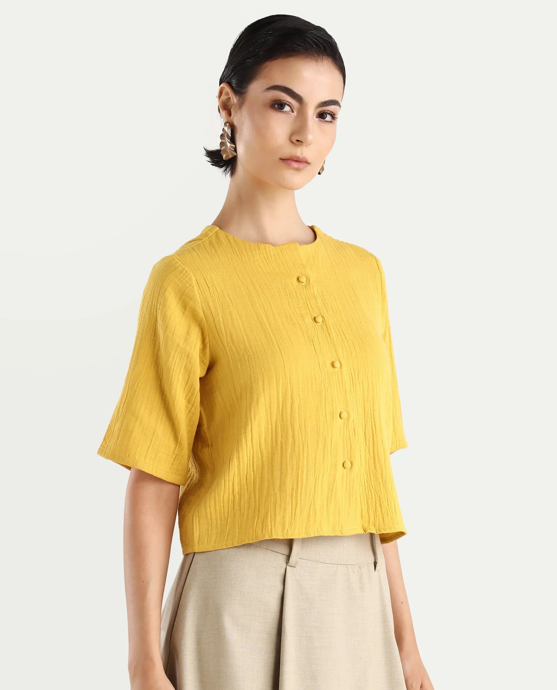 Rareism Women's Jandren T Mustard Cotton Round Neck Plain Relaxed Fit Top