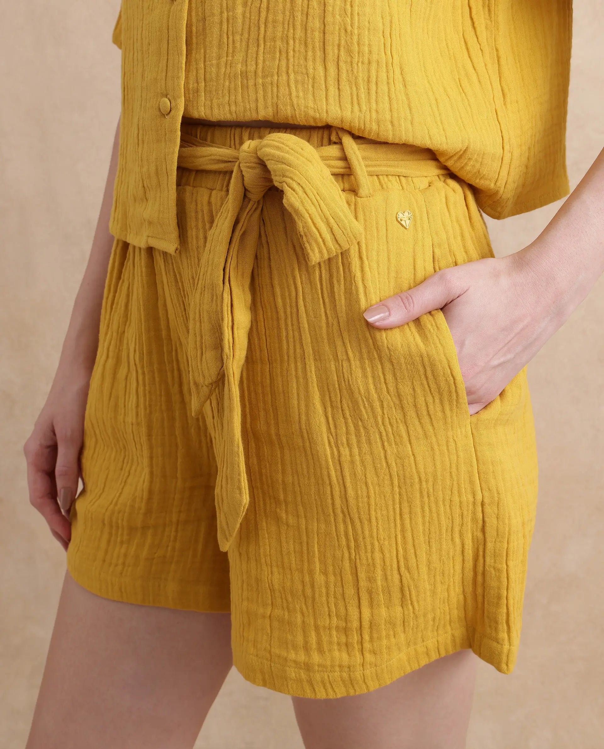 Rareism Women Jandren-B Mustard Cotton Fabric Regular Fit Mini Plain Shorts