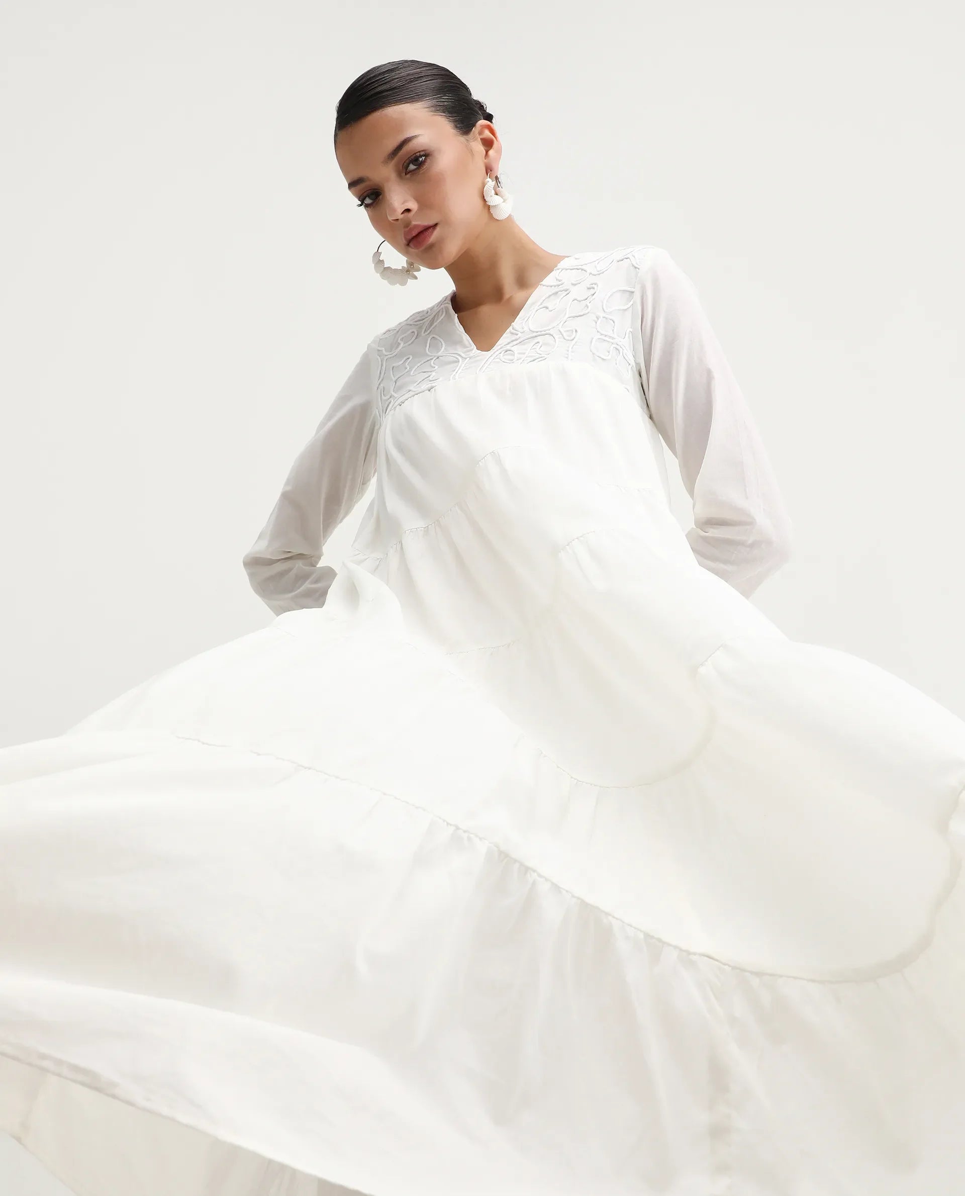 Rareism Women's Janear Beige Cotton Round Neck Plain Maxi Flared Dress