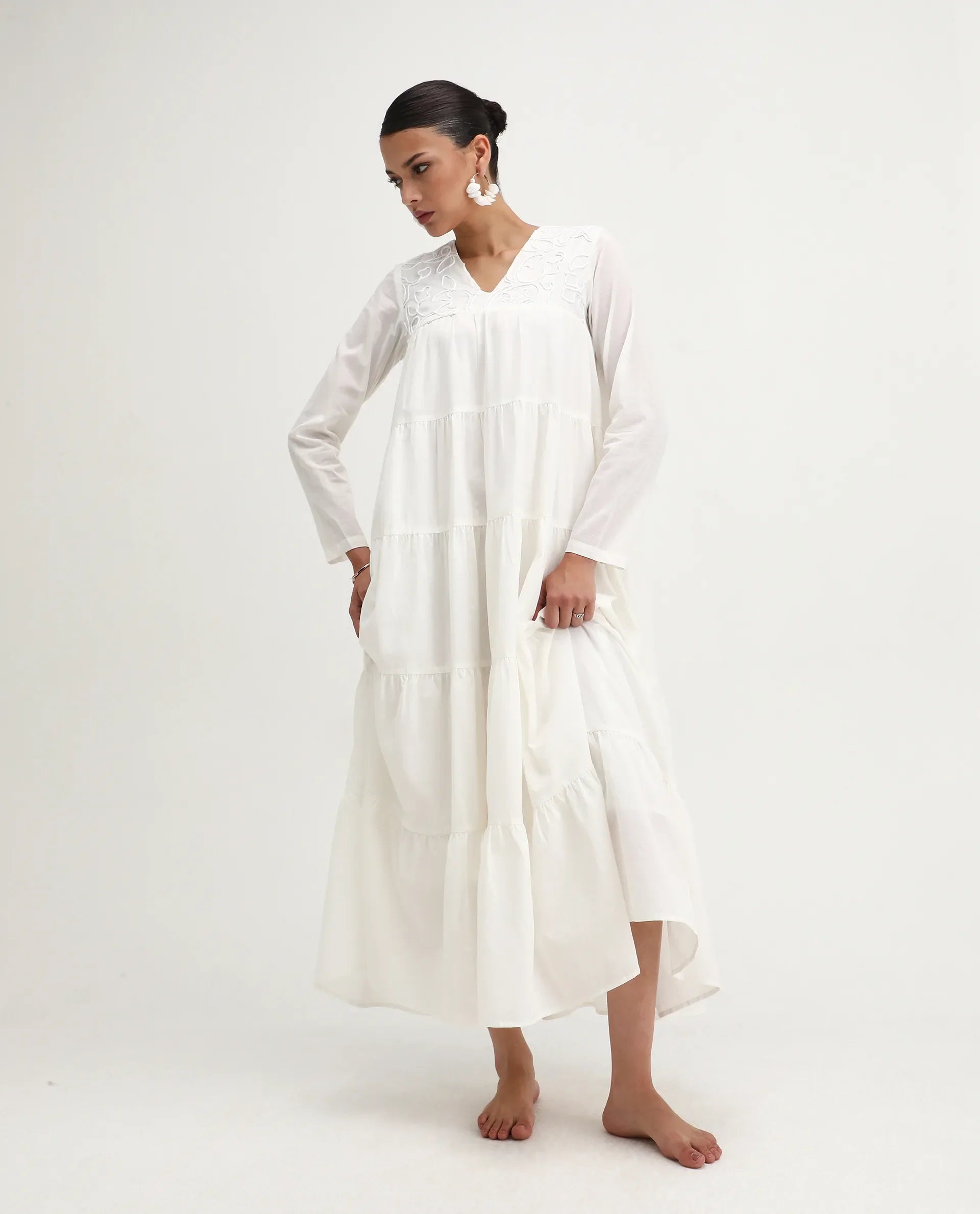 Rareism Women's Janear Beige Cotton Round Neck Plain Maxi Flared Dress