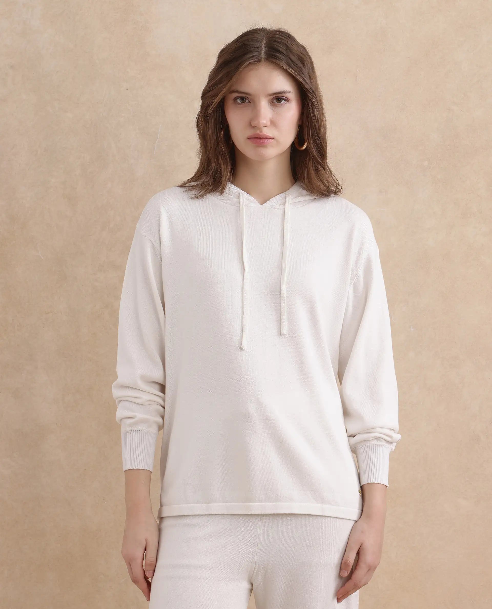 Rareism Women's Janfinn T Off White Viscose Blend Hooded Plain Relaxed Fit Top