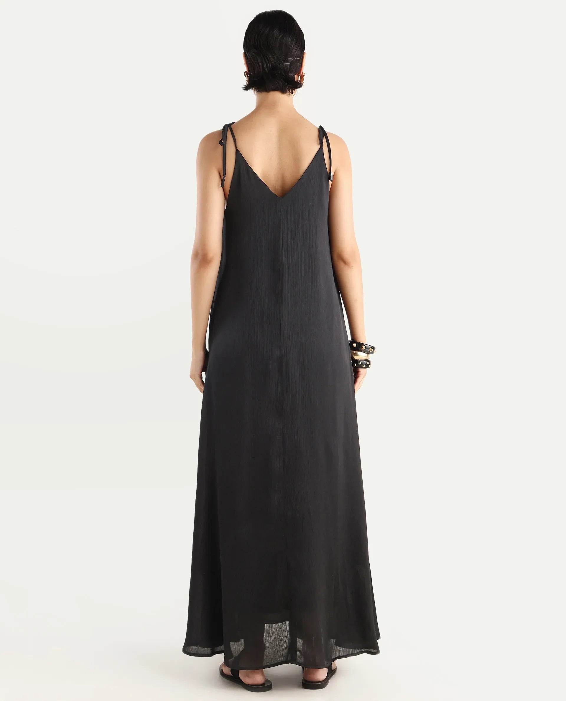 Rareism Women's Janfree Black Polyester Shoulder Strap Plain Sleeveless Maxi A-Line Dress