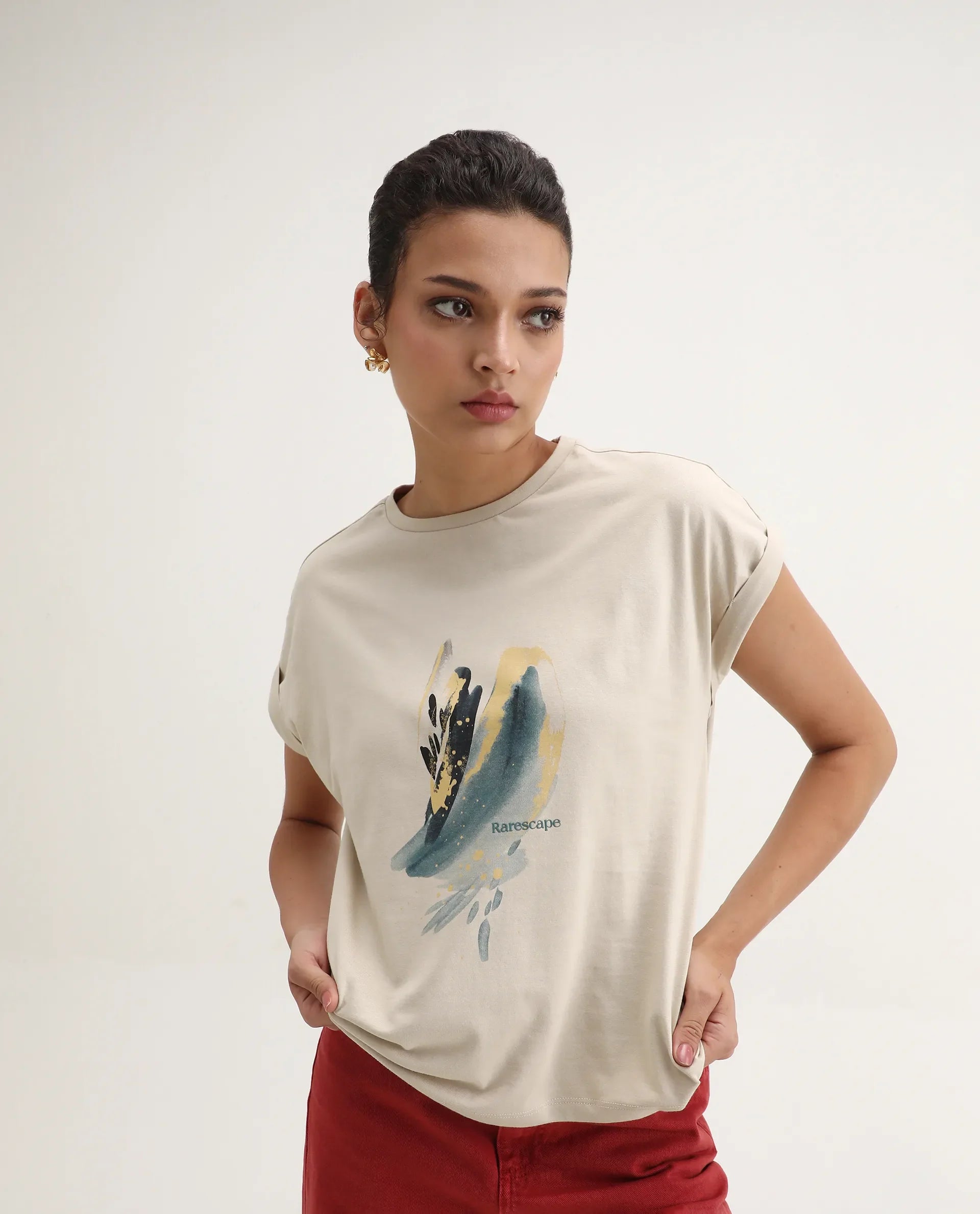 Rareism Women's Jango-S26 Beige Cotton Half Sleeve Regular Fit Graphic Print T-Shirt