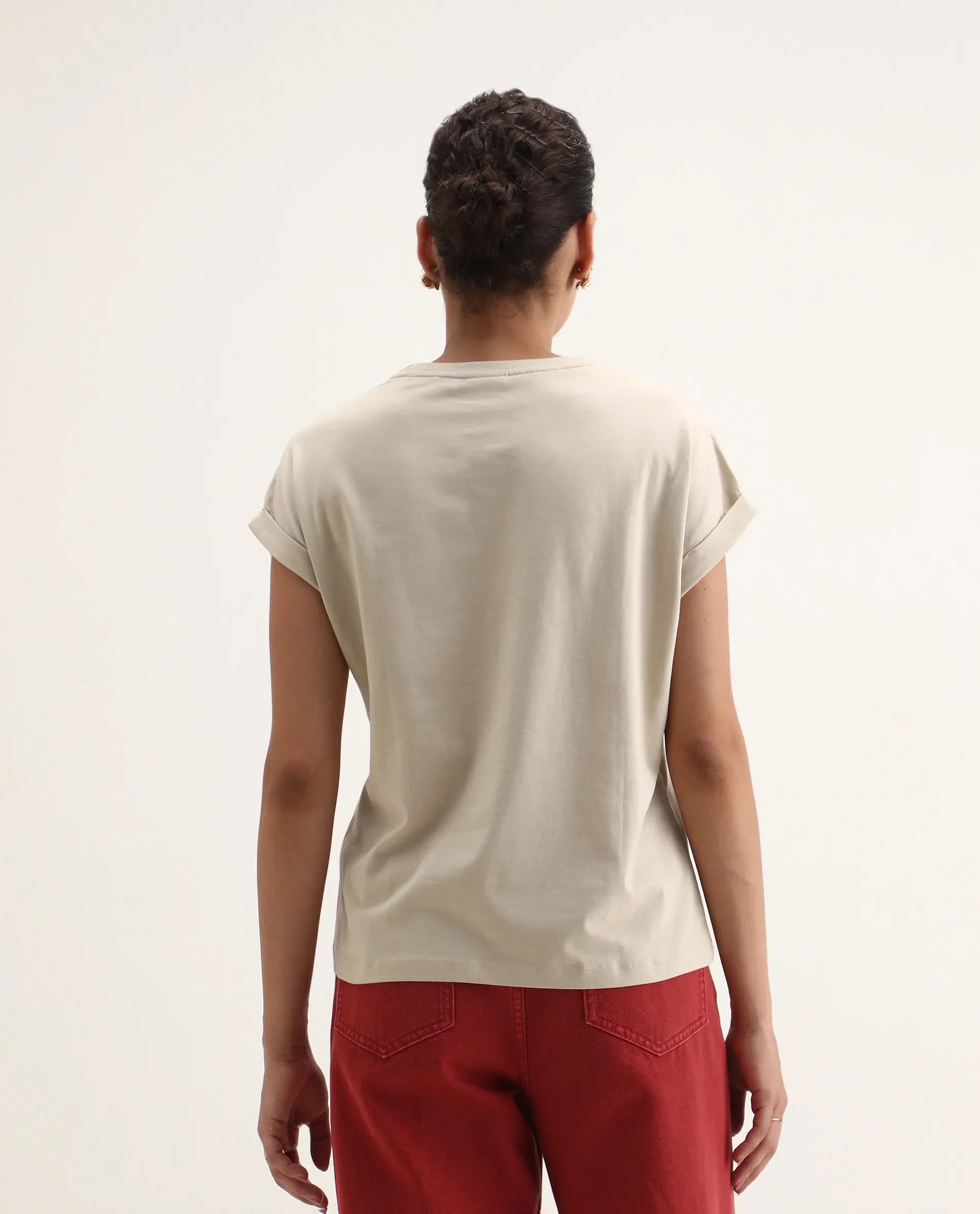 Rareism Women's Jango Beige Cotton Round Neck Graphic Print Extended Sleeves Regular Fit T-Shirt