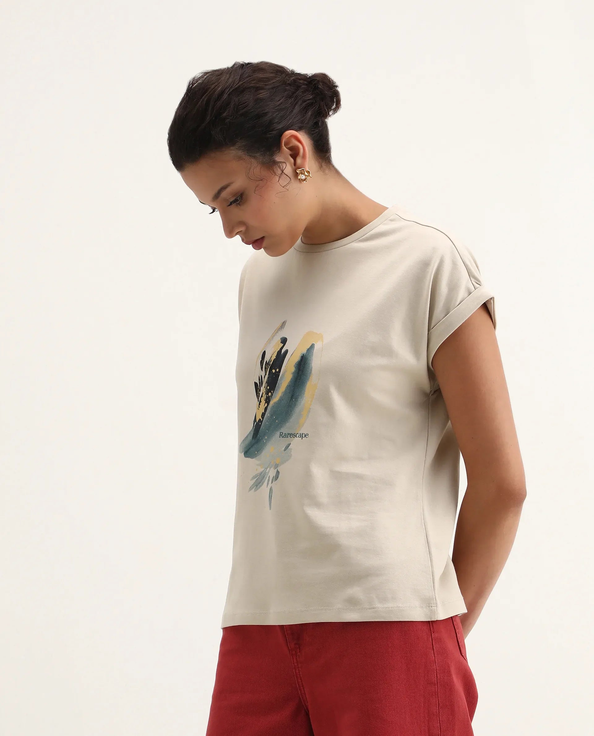 Rareism Women's Jango Beige Cotton Round Neck Graphic Print Extended Sleeves Regular Fit T-Shirt