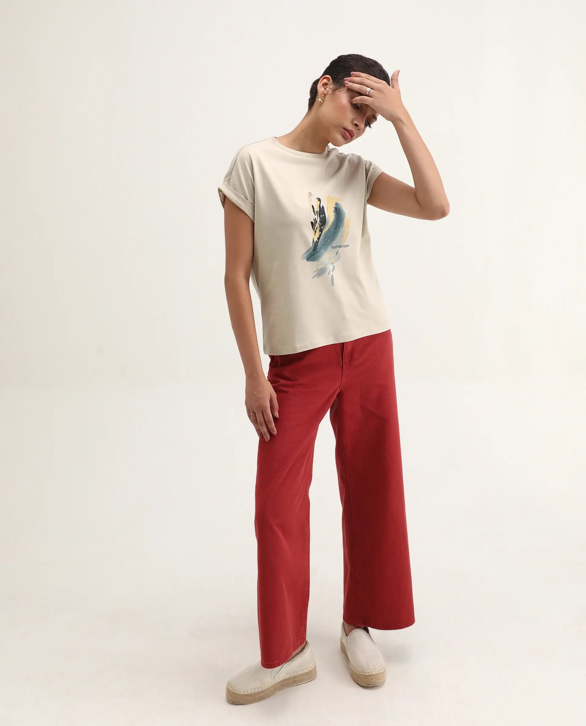 Rareism Women's Jango Beige Cotton Round Neck Graphic Print Extended Sleeves Regular Fit T-Shirt