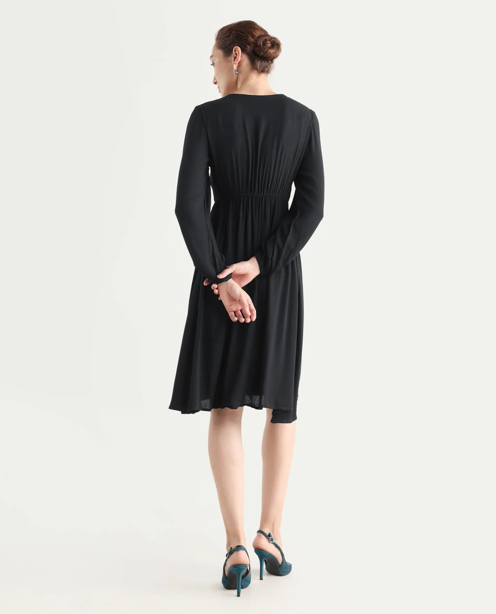 Rareism Women's Janog Black Cotton Tie-Up Neck Plain Bishop Sleeve Knee Length Fit And Flare Dress