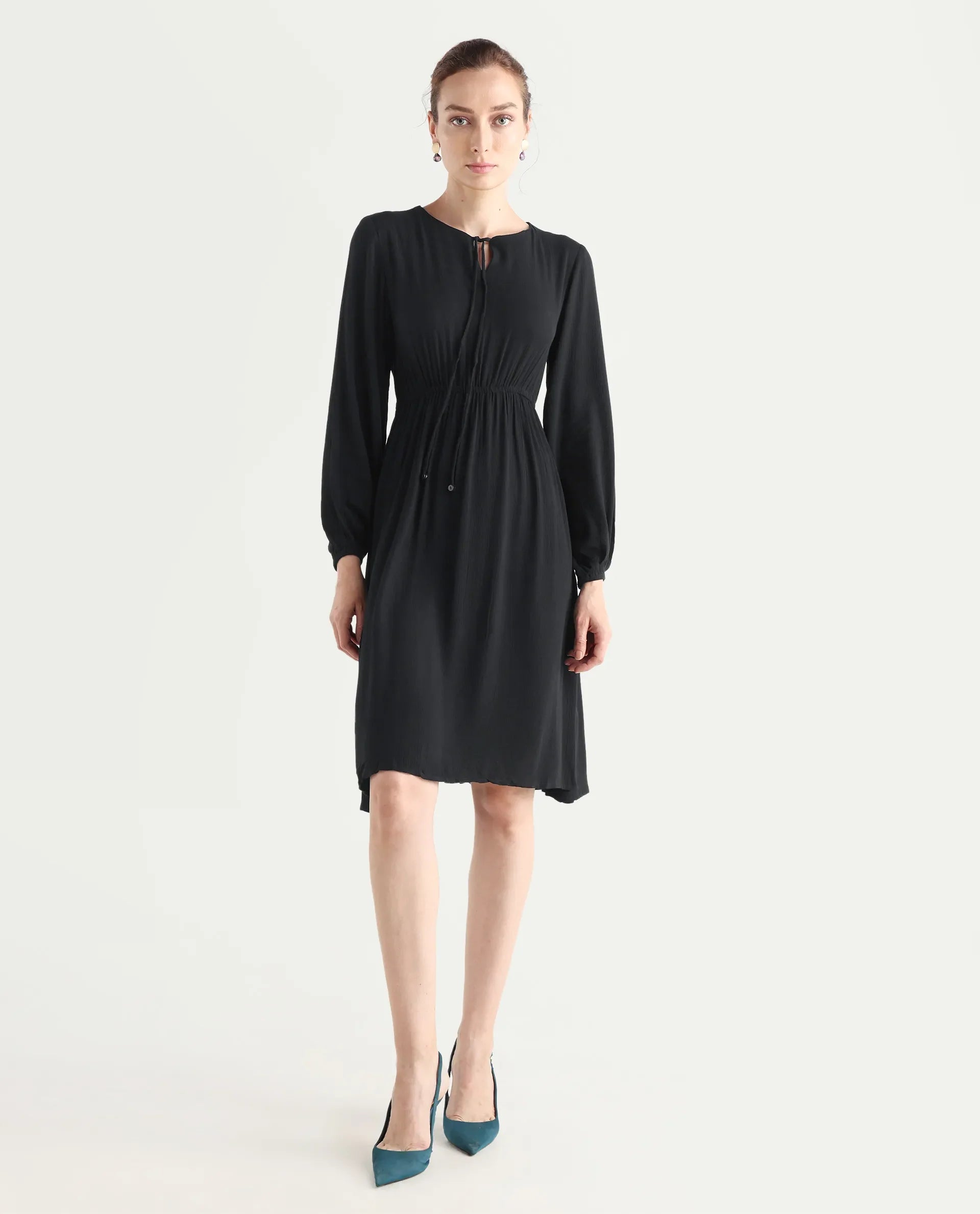 Rareism Women's Janog Black Cotton Tie-Up Neck Plain Bishop Sleeve Knee Length Fit And Flare Dress